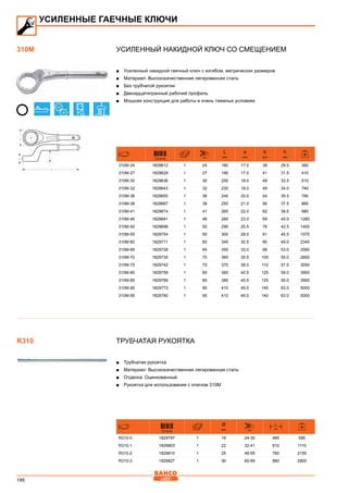 186
Усиленный накидной ключ со смещением
■■ Усиленный накидной гаечный ключ с изгибом, метрических размеров
■■ Материал: Высококачественная легированная сталь
■■ Без трубчатой рукоятки
■■ Двенадцатигранный рабочий профиль
■■ Мощная конструкция для работы в очень тяжелых условиях
731415 mm
L
mm
a
mm
b
mm
h
mm
310M-24 1829612 1 24 180 17.0 38 29.5 380
310M-27 1829629 1 27 190 17.0 41 31.5 410
310M-30 1829636 1 30 200 18.0 48 33.5 510
310M-32 1829643 1 32 235 18.0 49 34.0 740
310M-36 1829650 1 36 245 20.0 54 35.5 780
310M-38 1829667 1 38 250 21.0 56 37.5 860
310M-41 1829674 1 41 265 22.0 62 39.5 980
310M-46 1829681 1 46 280 23.0 69 40.0 1280
310M-50 1829698 1 50 290 25.5 76 42.5 1400
310M-55 1829704 1 55 300 28.0 81 45.5 1570
310M-60 1829711 1 60 345 30.5 90 49.0 2340
310M-65 1829728 1 65 355 33.0 98 53.0 2580
310M-70 1829735 1 70 365 35.5 105 55.0 2800
310M-75 1829742 1 75 375 38.0 110 57.5 3050
310M-80 1829759 1 80 385 40.5 125 59.0 3900
310M-85 1829766 1 85 385 40.5 125 59.0 3900
310M-90 1829773 1 90 410 45.0 140 63.0 5000
310M-95 1829780 1 95 410 45.0 140 63.0 5000
Трубчатая рукоятка
■■ Трубчатая рукоятка
■■ Материал: Высококачественная легированная сталь
■■ Отделка: Оцинкованный
■■ Рукоятка для использования с ключом 310M
731415
Ø
mm mm
L
mm
R310-0 1829797 1 19 24-30 460 595
R310-1 1829803 1 22 32-41 610 1110
R310-2 1829810 1 25 46-55 760 2150
R310-3 1829827 1 30 60-95 860 2900
УСИЛЕННЫЕ ГАЕЧНЫЕ КЛЮЧИ
310M
R310
 