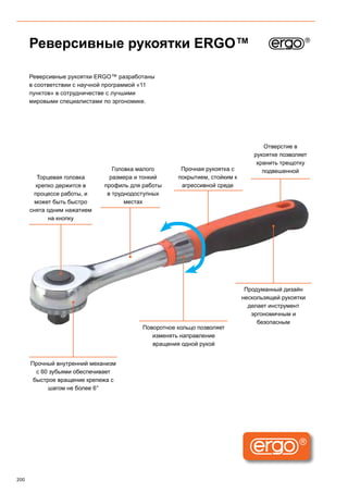 200
Реверсивные рукоятки ERGO™
Реверсивные рукоятки ERGO™ разработаны
в соответствии с научной программой «11
пунктов» в сотрудничестве с лучшими
мировыми специалистами по эргономике.
Торцевая головка
крепко держится в
процессе работы, и
может быть быстро
снята одним нажатием
на кнопку
Головка малого
размера и тонкий
профиль для работы
в труднодоступных
местах
Прочная рукоятка с
покрытием, стойким к
агрессивной среде
Отверстие в
рукоятке позволяет
хранить трещотку
подвешенной
Прочный внутренний механизм
с 60 зубьями обеспечивает
быстрое вращение крепежа с
шагом не более 6°
Поворотное кольцо позволяет
изменять направление
вращения одной рукой
Продуманный дизайн
нескользящей рукоятки
делает инструмент
эргономичным и
безопасным
 