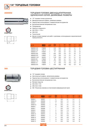 206
Торцевая головка двенадцатигранная,
удлиненная серия, Дюймовые размеры
■■ 1/4” торцевая головка удлиненная
■■ Двенадцатигранный профиль, дюймовые размеры
■■ Недопустимо использование с пневматическим инструментом
■■ Высококачественная легированная сталь
■■ Полированная
■■ Накатка по окружности
■■ ISO 2725-1 / 1174-1
■■ DIN 3120
■■ Тонкостенная
■■ Данная головка подходит для работ с крепежами, используемыми в аэрокосмической
промышленности
731415
L
mm
D1
mm
D2
mm
T
mm
A6800DZ-3/16 1758035 1 3/16 50.6 7.7 12.1 5.1 21
A6800DZ-7/32 1758110 1 7/32 50.6 8.5 12.1 5.3 21
A6800DZ-1/4 1758387 1 1/4 50.6 9.3 12.1 5.8 23
A6800DZ-9/32 1758462 1 9/32 50.6 10.5 12.1 6.6 21
A6800DZ-5/16 1758547 1 5/16 50.6 11.5 12.1 8.1 23
A6800DZ-11/32 1803872 1 11/32 50.6 12.6 12.1 8.1 25
A6800DZ-3/8 1758622 1 3/8 50.6 14.1 12.1 8.1 28
A6800DZ-7/16 1803889 1 7/16 50.6 15.4 13.0 11.2 30
A6800DZ-1/2 1758899 1 1/2 50.6 17.5 15.0 12.7 41
A6800DZ-9/16 1758974 1 9/16 50.6 18.8 16.0 12.7 49
Торцевая головка шестигранная
■■ 1/4” торцевая головка
■■ Шестигранный профиль, метрические размеры
■■ Недопустимо использование с пневматическим инструментом
■■ Высококачественная легированная сталь
■■ Матовое покрытие
■■ ISO 2725 / 1174
■■ DIN 3124 / 3120
■■ SB = Розничная упаковка на пластиковой информационной карте
731415 mm
L
mm
D1
mm
D2
mm
SBS60-4 3009531 1 4 25.0 6.7 12.1 9
SBS60-4.5 3009548 1 4.5 25.0 7.2 12.1 10
SBS60-5 3009555 1 5 25.0 7.7 12.1 10
SBS60-5.5 3009562 1 5.5 25.0 8.3 12.1 10
SBS60-6 3009579 1 6 25.0 9.3 12.1 10
SBS60-7 3009586 1 7 25.0 10.5 12.1 12
SBS60-8 3009593 1 8 25.0 11.5 12.1 12
SBS60-9 3009609 1 9 25.0 12.7 12.1 12
SBS60-10 3009616 1 10 25.0 14.0 12.1 15
SBS60-11 3009623 1 11 25.0 15.4 13.1 18
SBS60-12 3009630 1 12 25.0 16.5 14.0 18
SBS60-13 3009647 1 13 25.0 17.6 15.0 20
SBS60-14 3009654 1 14 25.0 18.8 16.0 22
1/4” ТОРЦЕВЫЕ ГОЛОВКИ
A6800DZ
S60
 