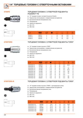 208
Торцевая головка с отверткой под винты
Pozidriv®
PZ
■■ 1/4” торцевая головка с вставкой под винты Pozidriv
■■ Недопустимо использование с пневматическим инструментом
■■ Высококачественная легированная сталь
■■ Полированная
■■ Накатка по окружности
■■ ISO 1174
■■ DIN 3120
731415
I
mm
L
mm
D
mm
6709PZ-1 1830731 5 1 16 36 12.0 11
6709PZ-2 1830748 5 2 16 36 12.0 12
6709PZ-3 1830755 5 3 16 36 12.0 12
Торцевая головка с отверткой под винты TORX®
■■ 1/4” торцевая головка под винты TORX®
■■ Недопустимо использование с пневматическим инструментом
■■ Высококачественная легированная сталь
■■ Полированная
■■ Накатка по окружности
■■ ISO 1174
■■ DIN 3120
731415
I
mm
L
mm
D
mm
6709TORX-T8 3002440 5 T-8 16 36 12.0 M2.5 10
6709TORX-T9 1811662 5 T-9 16 36 12.0 – 10
6709TORX-T10 1811679 5 T-10 16 36 12.0 M3 10
6709TORX-T15 1811686 5 T-15 16 36 12.0 M3.5 12
6709TORX-T20 1811693 5 T-20 16 36 12.0 M4 12
6709TORX-T25 1811709 5 T-25 16 36 12.0 M5 15
6709TORX-T27 1811716 5 T-27 16 36 12.0 – 15
6709TORX-T30 1811723 5 T-30 16 36 12.0 M6 15
6709TORX-T40 3002457 5 T-40 16 36 12.0 M8 15
Торцевая головка с отверткой под винты TORX®
■■ 1/4” торцевая головка под винты TORX®
, с центрирующим шипом
■■ Недопустимо использование с пневматическим инструментом
■■ Высококачественная легированная сталь
■■ Полированная
■■ Накатка по окружности
■■ ISO 1174
■■ DIN 3120
731415
I
mm
L
mm
D
mm
6709TORX-R-T8 3002464 1 TR 8 16 36 12.0 M2.5 10
6709TORX-R-T10 3002471 1 TR 10 16 36 12.0 M3 10
6709TORX-R-T15 3002488 1 TR 15 16 36 12.0 M4 12
6709TORX-R-T20 3002495 1 TR 20 16 36 12.0 M4 12
6709TORX-R-T25 3002501 1 TR 25 16 36 12.0 M5 12
1/4” ТОРЦЕВЫЕ ГОЛОВКИ С ОТВЕРТОЧНЫМИ ВСТАВКАМИ
6709PZ
6709TORX
6709TORX-R
 