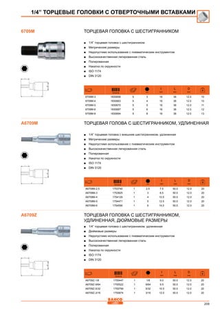 209
Торцевая головка с шестигранником
■■ 1/4” торцевая головка с шестигранником
■■ Метрические размеры
■■ Недопустимо использование с пневматическим инструментом
■■ Высококачественная легированная сталь
■■ Полированная
■■ Накатка по окружности
■■ ISO 1174
■■ DIN 3120
731415 mm
I
mm
L
mm
D
mm
6709M-3 1830656 5 3 16 36 12.0 10
6709M-4 1830663 5 4 16 36 12.0 10
6709M-5 1830670 5 5 16 36 12.0 11
6709M-6 1830687 5 6 16 36 12.0 12
6709M-8 1830694 5 8 16 36 12.0 13
Торцевая голова с шестигранником, удлиненная
■■ 1/4” торцевая головка с внешним шестигранником, удлиненная
■■ Метрические размеры
■■ Недопустимо использование с пневматическим инструментом
■■ Высококачественная легированная сталь
■■ Полированная
■■ Накатка по окружности
■■ ISO 1174
■■ DIN 3120
731415 mm
I
mm
L
mm
D
mm
A6709M-2.5 1753740 1 2.5 7.5 50.0 12.0 20
A6709M-3 1753825 1 3 8.5 50.0 12.0 20
A6709M-4 1754129 1 4 10.5 50.0 12.0 20
A6709M-5 1754471 1 5 12.5 50.0 12.0 20
A6709M-6 1754556 1 6 14.0 50.0 12.0 20
Торцевая головка с шестигранником,
удлиненная, Дюймовые размеры
■■ 1/4” торцевая головка с шестигранником, удлиненная
■■ Дюймовые размеры
■■ Недопустимо использование с пневматическим инструментом
■■ Высококачественная легированная сталь
■■ Полированная
■■ Накатка по окружности
■■ ISO 1174
■■ DIN 3120
731415
I
mm
L
mm
D
mm
A6709Z-1/8 1755447 1 1/8 9.0 50.0 12.0 20
A6709Z-9/64 1755522 1 9/64 9.5 50.0 12.0 20
A6709Z-5/32 1755799 1 5/32 10.5 50.0 12.0 20
A6709Z-3/16 1755874 1 3/16 12.0 50.0 12.0 20
1/4” ТОРЦЕВЫЕ ГОЛОВКИ С ОТВЕРТОЧНЫМИ ВСТАВКАМИ
6709M
A6709M
A6709Z
 