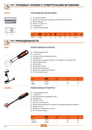 210
Переходник для вставок
■■ 1/4” держатель для бит
■■ Для бит с шестигранным хвостовиком 1/4”: DIN 3126-C 6,3 ISO 1173
■■ DIN 7427 Форма А
■■ DIN 3121-G 6,3 ISO 1174
■■ Полированный
■■ С пружинным фиксатором
731415
L
mm
D1
mm
D2
mm
6972H 1215934 5 1/4” 1/4” 26.0 13.0 13.0 K560F–1 18
Реверсивная рукоятка
■■ 1/4” Реверсивная рукоятка
■■ 72 зуба/ шаг 5°
■■ Высококачественная легированная сталь
■■ Полированная
■■ Соответствует стандартам: ISO 3315 / 1174-2; DIN 3122 / 3120; UNE 16512
■■ Герметичный механизм
■■ Мягкая работа
■■ Система двух защелок
■■ Запатентованный механизм
■■ Возможность приобретения запчастей
■■ SB = Розничная упаковка
731415
L
mm
6950 1089641 1 120 115
SB6950 0104987 1 120 115
Реверсивная рукоятка
■■ 1/4” Реверсивная рукоятка
■■ 72 зуба/ шаг 5°
■■ Высококачественная легированная сталь
■■ Полированная
■■ ISO 3315 / 1174-2
■■ DIN 3122 / 3120; UNE 16512
■■ Запатентованный механизм со стрелкой, указывающей направление вращения
■■ Удобная рукоятка
■■ Возможность приобретения запчастей
■■ SB = Розничная упаковка
731415
L
mm
6950RN 1831189 1 120 95
SB6950RN 0104994 1 120 95
1/4” ТОРЦЕВЫЕ ГОЛОВКИ С ОТВЕРТОЧНЫМИ ВСТАВКАМИ
6972H
6950
1/4” ПРИНАДЛЕЖНОСТИ
6950RN
 