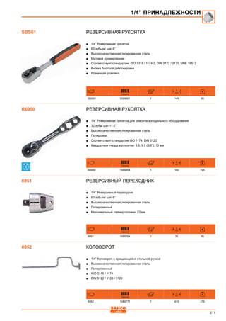 211
Реверсивная рукоятка
■■ 1/4” Реверсивная рукоятка
■■ 60 зубьев/ шаг 6°
■■ Высококачественная легированная сталь
■■ Матовое хромирование
■■ Соответствует стандартам: ISO 3315 / 1174-2; DIN 3122 / 3120; UNE 16512
■■ Кнопка быстрой деблокировки
■■ Розничная упаковка
731415
L
mm
SBS61 3009661 1 145 95
Реверсивная рукоятка
■■ 1/4” Реверсивная рукоятка для ремонта холодильного оборудования
■■ 32 зуба/ шаг 11.5°
■■ Высококачественная легированная сталь
■■ Полировка
■■ Соответствует стандартам ISO 1174; DIN 3120
■■ Квадратные гнезда в рукоятке: 8.5, 9.5 (3/8”); 13 мм
731415
L
mm
R6950 1089658 1 160 225
Реверсивный переходник
■■ 1/4” Реверсивный переходник
■■ 60 зубьев/ шаг 6°
■■ Высококачественная легированная сталь
■■ Полированный
■■ Максимальный размер головки: 23 мм
731415
L
mm
6951 1089764 1 35 50
Коловорот
■■ 1/4” Коловорот, с вращающейся стальной ручкой
■■ Высококачественная легированная сталь
■■ Полированный
■■ ISO 3315 / 1174
■■ DIN 3122 / 3123 / 3120
731415
L
mm
6952 1089771 1 410 270
1/4” ПРИНАДЛЕЖНОСТИ
SBS61
R6950
6951
6952
 