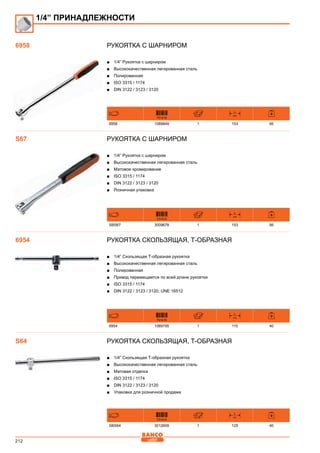 212
Рукоятка с шарниром
■■ 1/4” Рукоятка с шарниром
■■ Высококачественная легированная сталь
■■ Полированная
■■ ISO 3315 / 1174
■■ DIN 3122 / 3123 / 3120
731415
L
mm
6958 1089849 1 153 95
Рукоятка с шарниром
■■ 1/4” Рукоятка с шарниром
■■ Высококачественная легированная сталь
■■ Матовое хромирование
■■ ISO 3315 / 1174
■■ DIN 3122 / 3123 / 3120
■■ Розничная упаковка
731415
L
mm
SBS67 3009678 1 153 95
Рукоятка скользящая, Т-образная
■■ 1/4” Скользящая Т-образная рукоятка
■■ Высококачественная легированная сталь
■■ Полированная
■■ Привод перемещается по всей длине рукоятки
■■ ISO 3315 / 1174
■■ DIN 3122 / 3123 / 3120; UNE 16512
731415
L
mm
6954 1089795 1 115 40
Рукоятка скользящая, Т-образная
■■ 1/4” Cкользящая Т-образная рукоятка
■■ Высококачественная легированная сталь
■■ Матовая отделка
■■ ISO 3315 / 1174
■■ DIN 3122 / 3123 / 3120
■■ Упаковка для розничной продажи
731415
L
mm
SBS64 3012609 1 125 40
1/4” ПРИНАДЛЕЖНОСТИ
6958
S67
6954
S64
 