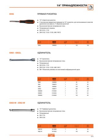 213
Прямая рукоятка
■■ 1/4” отверточная рукоятка
■■ С внутренним квадратным приводом на 1/4” в рукоятке, для использования в качестве
удлинителя или вместе с Т-образной рукояткой
■■ Высококачественная легированная сталь
■■ Полированный стержень
■■ ISO 3315 / 1174
■■ DIN 3122 / 3123 / 3120; UNE 16512
731415
L
mm
6956 1089825 1 150 102
Удлинитель
■■ 1/4” Удлинитель
■■ Высококачественная легированная сталь
■■ Полированный
■■ ISO 3316 / 1174
■■ DIN 3122 / 3123 / 3120; UNE 16511
■■ SB = Розничная упаковка на пластиковой информационной карте
731415
L
mm
6960 1089856 1 50 23
6961 1089870 1 101 45
6962 1089894 1 152 65
6962L 1089917 1 355 158
SB6960 0104925 1 53 23
SB6961 0104932 1 101 45
SB6962 0104949 1 152 65
Удлинитель
■■ 1/4” Трефовый удлинитель
■■ Высококачественная легированная сталь
■■ Полированный
■■ ISO 1174
■■ DIN 3120
731415
L
mm
6960-W 3010506 1 50 36
6962-W 3010520 1 150 83
1/4” ПРИНАДЛЕЖНОСТИ
6956
6960 - 6962L
6960-W - 6962-W
 