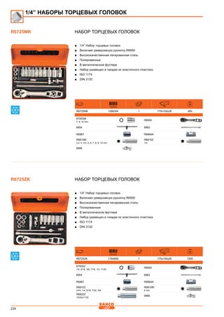 226
Набор торцевых головок
■■ 1/4” Набор торцевых головок
■■ Включает реверсивную рукоятку R6950
■■ Высококачественная легированная сталь
■■ Полированные
■■ В металлическом футляре
■■ Набор размещен в гнездах из эластичного пластика
■■ ISO 1174
■■ DIN 3120
731415 mm
R6725MK 1088354 1 175x105x26 950
6700SM
7, 8, 10 mm
R6950
6954 6962
R6967 R6964A
R6810M
3.4, 4, 4.5, 5, 6, 7, 8, 9, 10 mm
R6810Z
1/4
6966
Набор торцевых головок
■■ 1/4” Набор торцевых головок
■■ Включает реверсивную рукоятку R6950
■■ Высококачественная легированная сталь
■■ Полированные
■■ В металлическом футляре
■■ Набор размещен в гнездах из эластичного пластика
■■ ISO 1174
■■ DIN 3120
731415 mm
R6725ZK 1784898 1 175x105x26 1000
6700SZ
1/4, 5/16, 3/8, 7/16, 1/2, 11/32
R6950
6954 6962
R6967 R6964A
R6810Z
3/16, 1/4, 5/16, 7/32, 3/8
R6810M
6 mm
R6822Z
15/32x11/32
6966
1/4” НАБОРЫ ТОРЦЕВЫХ ГОЛОВОК
R6725MK
R6725ZK
 
