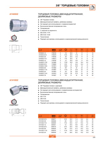 229
Торцевая головка двенадцатигранная,
Дюймовые размеры
■■ 3/8” Торцевая головка
■■ Двенадцатигранный профиль, дюймовые размеры
■■ Не подходит для использования с пневмоинструментом!
■■ Высококачественная легированная сталь
■■ Полированная
■■ С накаткой по окружности
■■ ISO 2725 / 1174
■■ DIN 3124 / 3120
■■ Тонкостенная
■■ Подходят для крепежа, используемого в аэрокосмической промышленности
731415
L
mm
D1
mm
D2
mm
T
mm
A7400DZ-1/4 1759193 5 1/4 25.5 10 17 7 15
A7400DZ-5/16 1759278 5 5/16 25.5 11.8 17 8 16
A7400DZ-3/8 1759438 5 3/8 25.5 14.3 17 8 19
A7400DZ-7/16 1759513 5 7/16 25.5 16 17 8 21
A7400DZ-1/2 1759780 5 1/2 25.5 18.4 17 8.5 22
A7400DZ-17/32 1819866 5 17/32 25.5 19.6 18.4 8.5 23
A7400DZ-9/16 1759865 5 9/16 27 20.2 18.4 13 25
A7400DZ-19/32 1819873 5 19/32 27 20.9 19 13 26
A7400DZ-5/8 1819880 5 5/8 27 22 20 13 28
A7400DZ-11/16 1819897 5 11/16 27 23.9 20 13 30
A7400DZ-3/4 1819903 5 3/4 29 25.6 21 14 40
A7400DZ-13/16 1819910 5 13/16 29 27.9 24 14 44
A7400DZ-7/8 1819927 5 7/8 31 30 26 16 50
Торцевая головка двенадцатигранная,
Дюймовые размеры
■■ 3/8” Торцевая головка с шарниром
■■ Двенадцатигранный профиль, дюймовые размеры
■■ Не подходит для использования с пневматическим инструментом!
■■ Высококачественная легированная сталь
■■ Полированная
■■ ISO 1174
■■ DIN 3120
■■ Тонкостенная
■■ Подходят для крепежа, используемого в аэрокосмической промышленности
731415
L
mm
D1
mm
D2
mm
T
mm
A7410DZ-5/16 3006271 1 5/16 55.9 11.4 19.0 6.0 39
A7410DZ-3/8 3006288 1 3/8 55.9 11.4 19.0 6.0 39
A7410DZ-7/16 3006295 1 7/16 55.9 15.7 19.0 7.6 45
A7410DZ-1/2 3006301 1 1/2 55.9 18.0 19.0 8.7 60
A7410DZ-9/16 3006318 1 9/16 55.9 16.6 19.0 10.7 69
A7410DZ-5/8 3006325 1 5/8 57.8 21.2 19.0 12.2 79
A7410DZ-11/16 3006332 1 11/16 57.8 23.6 19.0 13.8 95
A7410DZ-3/4 3006349 1 3/4 59.9 25.2 19.0 15.5 100
3/8” ТОРЦЕВЫЕ ГОЛОВКИ
A7400DZ
A7410DZ
 