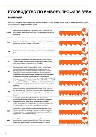 10
РУКОВОДСТВО ПО ВЫБОРУ ПРОФИЛЯ ЗУБА
БИМЕТАЛЛ
Bahco постоянно стремится создать инновационные формы зубьев, чтобы добиться максимального срока
службы полотна и эффективной резки.
Combo
Традиционная форма зубьев с передним углом 0°. Пригодна для
многоцелевой резки тонкостенных труб и профилей из большинства
материалов.
Hook
Традиционная форма зубьев с передним углом в 10°, используемая
для цветных металлов, дерева и пластмасс.
HA
Развитие традиционной формы Hook для резки алюминия в литейном
деле.
PF
Специально предназначено для резки пакетов труб и профилей
с превосходными производительностью и сроком службы. Очень
прочный инструмент с положительным углом в 6°.
PQ
Очень агрессивная форма с положительным углом 17°, обеспечивает
хорошее проникновение в трудные для резки материалы, такие как
трубы подшипников, из нержавеющей стали, инструментальные стали
и специальные сплавы со свойствами деформационного упрочнения.
Различная высота зубьев обеспечивает увеличенное стружкообразование,
что уменьшает силу резания, и увеличивает срок службы полотна.
PR
Инновационный «ступенчатый» передний угол 10° на 2/3 и 3/4 TPI и 8°
на 4/6 и 5/8 TPI. Это делает PR хорошим легким и производительным
полотном для резки обрабатываемых деталей небольших и средних
размеров.
PS
Высокопродуктивная форма с передним углом в 10-15°. Большой
угол заострения зуба и большое расстояние между зубьями делают
полотно превосходным выбором для резки больших обрабатываемых
деталей.
EZ
Такая форма зубьев используется в полотнах Easy-Cut. Эта
запатентованная форма делает полотно пригодным для резки всех
обычных материалов, при этом она является очень устойчивой к
обдирке зубьев. Идеально подходит для маленьких производств, где
используются различные заготовки самых разных размеров.
PSG
Combo PSG – форма зубьев с положительным передним углом.
Это идеальная форма зубьев для промышленной резки средних
и больших сечений материалов широкого диапазона и особенно
легированных и нержавеющих сталей.
PHG
Combo PHG – это запатентованная форма зубьев с положительным
передним углом для хорошего проникания в большие сечения
трудных для резки сплавов и материалов, склонных к наклепу.
 