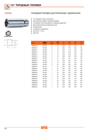 250
Торцевая головка шестигранная, удлиненная
■■ 1/2” Торцевая головка, удлиненная
■■ Шестигранный профиль, метровые размеры
■■ Не подходит для использования с пневмоинструментом!
■■ Высококачественная легированная сталь
■■ Полированная
■■ С накаткой по окружности
■■ ISO 2725-1 / 1174-1
■■ DIN 3120
731415 mm
L
mm
D1
mm
D2
mm
7805SM-10 3011312 5 10 82.6 14.9 22.5 95
7805SM-12 3011329 5 12 82.6 17.9 22.5 103
7805SM-13 3011336 5 13 82.6 17.9 22.5 109
7805SM-14 3011343 5 14 82.6 20.4 22.5 135
7805SM-15 3011350 5 15 82.6 21.6 22.5 138
7805SM-16 3011367 5 16 82.6 22.9 22.5 150
7805SM-17 3011374 5 17 82.6 24.1 22.5 180
7805SM-18 3011381 5 18 82.6 25.2 22.5 164
7805SM-19 3011398 5 19 82.6 26.3 22.5 163
7805SM-20 3011404 5 20 82.6 26.3 22.5 163
7805SM-21 3011411 1 21 82.6 28.3 24.3 228
7805SM-22 3011428 1 22 82.6 29.9 25.9 234
7805SM-23 3011435 1 23 82.6 28.3 24.3 228
7805SM-24 3011442 1 24 82.6 32.0 28.0 296
7805SM-25 3011459 1 25 82.6 32.0 28.0 296
7805SM-26 3011466 1 26 82.6 34.7 30.7 320
7805SM-27 3011473 1 27 82.6 36.2 32.2 353
7805SM-28 3011480 1 28 82.6 36.2 32.2 353
7805SM-29 3011497 1 29 82.6 36.2 32.2 353
7805SM-30 3011503 1 30 82.6 40.9 36.4 421
7805SM-32 3011527 1 32 82.6 40.9 36.4 421
1/2” ТОРЦЕВЫЕ ГОЛОВКИ
7805SM
 