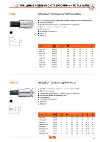 257
Торцевая головка с шестигранником
■■ 1/2” Торцевая головка с отверточной вставкой под винты с шестигранным гнездом
■■ Дюймовые размеры
■■ Недопустимо использование с пневматическим инструментом
■■ Высококачественная легированная сталь
■■ Полированная
■■ С накаткой по окружности
■■ ISO 1174
■■ DIN 3120
731415
I
mm
L
mm
D
mm
7809Z-3/16 3003461 5 3/16 22 60 22 70
7809Z-1/4 3003478 5 1/4 22 60 22 70
7809Z-5/16 3003485 5 5/16 22 60 22 70
7809Z-3/8 3003492 5 3/8 22 60 22 90
7809Z-7/16 3003508 5 7/16 22 60 22 95
7809Z-1/2 3003515 5 1/2 22 60 22 90
7809Z-9/16 3003539 5 9/16 23 60 23 115
7809Z-19/32 3003546 5 19/32 23 60 23 115
7809Z-5/8 3003553 5 5/8 27 61 27 170
ТОРЦЕВАЯ ГОЛОВКА ПОД ВИНТЫ XZN
■■ 1/2” Торцевая головка с отверточной вставкой под винты XZN
■■ Метрические размеры
■■ Недопустимо использование с пневматическим инструментом
■■ Высококачественная легированная сталь
■■ Полированная
■■ С накаткой по окружности
■■ ISO 1174
■■ DIN 3120
731415
I
mm
L
mm
D
mm
7809XZN-8 1831066 1 8 23 60 22 M 8 50
7809XZN-8-100 1831073 1 8 63 100 22 M 8 75
7809XZN-10 1831080 1 10 23 60 22 M 10 65
7809XZN-10-100 1831097 1 10 63 100 22 M 10 95
7809XZN-12 1831103 1 12 23 60 22 M 12 70
7809XZN-12-100 1831110 1 12 63 100 22 M 12 110
7809XZN-14 3004574 1 14 23 60 22 M 14 75
7809XZN-14-100 3004567 1 14 63 100 22 M 14 120
1/2” ТОРЦЕВЫЕ ГОЛОВКИ С ОТВЕРТОЧНЫМИ ВСТАВКАМИ
7809Z
7809XZN
 