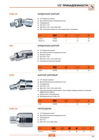 265
Карданный шарнир
■■ 1/2” Карданный шарнир
■■ Высококачественная легированная сталь
■■ Полированный
■■ ISO 3316 / 1174
■■ DIN 3122 / 3123 / 3120; UNE 16511
■■ SB = Розничная упаковка на пластиковой карте с описанием
731415
L
mm
8166-1/2 1105280 1 72 160
SB8166-1/2 3004260 1 72 160
Карданный шарнир
■■ 1/2” Карданный шарнир
■■ Высококачественная легированная сталь
■■ Матовая отделка
■■ ISO 3316 / 1174
■■ DIN 3122 / 3123 / 3120; UNE 16511
■■ Упаковка для розничной продажи
731415
L
mm
SBS85 3010025 1 72 160
ШАРНИР ШАРОВЫЙ
■■ 1/2” Шарнир шаровый
■■ Высококачественная легированная сталь
■■ Полированный
■■ ISO 3316 / 1174
■■ DIN 3122 / 3123 / 3120; UNE 16511
■■ Скругленные формы обеспечивают очень плавную передачу момента и повышают
эффективность работы
■■ Пружина для точной фиксации
■■ Максимальный угол отгиба - 45°
731415
L
mm
8168 0128440 1 62 150
Переходник
■■ 1/2” Переходник на 3/8”
■■ Высококачественная легированная сталь
■■ Полированный
■■ ISO 1174
■■ DIN 3120 / 3123; UNE 16503
731415
L
mm
8165-1/2 1105273 1 1/2 3/8 37 70
1/2” ПРИНАДЛЕЖНОСТИ
8166-1/2
S85
8168
8165-1/2
 
