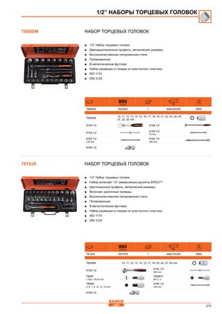 273
Набор торцевых головок
■■ 1/2” Набор торцевых головок
■■ Двенадцатигранный профиль, метрические размеры
■■ Высококачественная легированная сталь
■■ Полированные
■■ В металлическом футляре
■■ Набор размещен в гнездах из эластичного пластика
■■ ISO 1174
■■ DIN 3120
731415 mm
7888DM 1820923 1 448x230x55 6955
7800DM
10, 11, 12, 13, 14, 15, 16, 17, 18, 19, 21, 22, 23, 24, 25,
27, 30, 32 mm
8150-1/2 8158-1/2
8154-1/2
8159-1/2
75 mm
8160-1/2
125 mm
8162-1/2
250 mm
8166-1/2
Набор торцевых головок
■■ 1/2” Набор торцевых головок
■■ Набор включает 1/2” реверсивную рукоятку ERGO™
■■ Шестигранный профиль, метрические размеры
■■ Включает различные приводы
■■ Высококачественная легированная сталь
■■ Полированные
■■ В металлическом футляре
■■ Набор размещен в гнездах из эластичного пластика
■■ ISO 1174
■■ DIN 3120
731415 mm
7819JE 1837976 1 448x187x55 5585
7800SM 10, 11, 12, 13, 14, 15, 17, 19, 22, 24, 27, 30 mm
8155-1/2
8154-1/2
300 mm
7809F
1.2x8, 1.6x10 mm
7809PH
PH 2, 3
7809M
5, 6, 7, 8, 10, 12, 14 mm
8160-1/2
125 mm
8166-1/2
1/2” НАБОРЫ ТОРЦЕВЫХ ГОЛОВОК
7888DM
7819JE
 