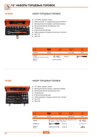 274
Набор торцевых головок
■■ 1/2” Набор торцевых головок
■■ Набор включает 1/2” реверсивную рукоятку ERGO™
■■ Двенадцатигранный профиль, дюймовые размеры
■■ Высококачественная легированная сталь
■■ Полированные
■■ В металлическом футляре
■■ Набор размещен в гнездах из эластичного пластика
■■ ISO 1174
■■ DIN 3120
731415 mm
7819DZE 1838287 1 312x115x50 2570
7800DZ
1/2, 9/16, 5/8, 11/16, 3/4, 7/8, 15/16
8155-1/2
8160-1/2
125 mm
Набор торцевых головок
■■ 1/2” Набор торцевых головок
■■ Двенадцатигранный профиль, дюймовые размеры
■■ Высококачественная легированная сталь
■■ Полированные
■■ В металлическом футляре
■■ Набор размещен в гнездах из эластичного пластика
■■ ISO 1174
■■ DIN 3120
731415 mm
7819DZ 1831516 1 448x187x55 6130
7800DZ
3/8, 7/16, 1/2, 9/16, 19/32, 5/8, 11/16, 3/4, 25/32, 13/16,
7/8, 15/16, 1, 1 1/16, 1 1/8, 1 3/16
8150RN-1/2 8154-1/2
8162-1/2
250 mm
8166-1/2
1/2” НАБОРЫ ТОРЦЕВЫХ ГОЛОВОК
7819DZE
7819DZ
 