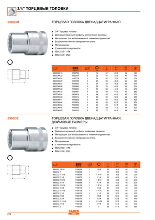 278
Торцевая головка двенадцатигранная
■■ 3/4” Торцевая головка
■■ Двенадцатигранный профиль, метрические размеры
■■ Не подходит для использования с пневмоинструментом!
■■ Высококачественная легированная сталь
■■ Полированная
■■ С накаткой по окружности
■■ ISO 2725 / 1174
■■ DIN 3124 / 3120
731415 mm
L
mm
D1
mm
D2
mm
8900DM-19 1105730 1 19 47 29.5 40 130
8900DM-22 1105754 1 22 47 33.0 40 140
8900DM-24 1105778 1 24 50 35.5 40 175
8900DM-25 1105785 1 25 53 36.5 40 190
8900DM-27 1105822 1 27 53 38.5 40 210
8900DM-28 1105846 1 28 53 40.0 40 230
8900DM-30 1105884 1 30 58 42.5 40 270
8900DM-32 1105891 1 32 58 45.0 40 280
8900DM-34 1838478 1 34 60 48.0 40 320
8900DM-36 1105914 1 36 63 50.0 40 355
8900DM-41 1105938 1 41 66 56.0 40 425
8900DM-46 1105952 1 46 68 62.5 40 535
8900DM-50 1105969 1 50 68 67.5 40 580
8900DM-55 1105983 1 55 69 74.0 45 830
8900DM-60 1106003 1 60 72 80.5 45 960
Торцевая головка двенадцатигранная,
Дюймовые размеры
■■ 3/4” Торцевая головка
■■ Двенадцатигранный профиль, дюймовые размеры
■■ Не подходит для использования с пневмоинструментом!
■■ Высококачественная легированная сталь
■■ Полированная
■■ С накаткой по окружности
■■ ISO 2725 / 1174
■■ DIN 3124 / 3120
731415
L
mm
D1
mm
D2
mm
8900DZ-15/16 1106034 1 15/16 50 35.5 40 170
8900DZ-1 1106058 1 1 53 36.5 40 180
8900DZ-1.1/16 1106065 1 1 1/16 53 38.5 40 200
8900DZ-1.1/8 1106072 1 1 1/8 53 40.0 40 215
8900DZ-1.3/16 1106089 1 1 3/16 58 42.5 40 240
8900DZ-1.1/4 1106096 1 1 1/4 58 45.0 40 275
8900DZ-1.5/16 1106102 1 1 5/16 61 48.5 40 300
8900DZ-1.3/8 1106119 1 1 3/8 63 48.5 40 300
8900DZ-1.7/16 1106126 1 1 7/16 63 50.0 40 325
8900DZ-1.1/2 1106133 1 1 1/2 66 52.0 40 375
8900DZ-1.5/8 1106157 1 1 5/8 66 56.0 40 420
8900DZ-1.3/4 1106171 1 1 3/4 68 62.5 40 480
8900DZ-1.13/16 1106188 1 1 13/16 68 62.5 40 500
8900DZ-1.7/8 1106195 1 1 7/8 68 64.5 40 530
8900DZ-2 1106201 1 2 68 67.5 40 585
3/4” ТОРЦЕВЫЕ ГОЛОВКИ
8900DM
8900DZ
 