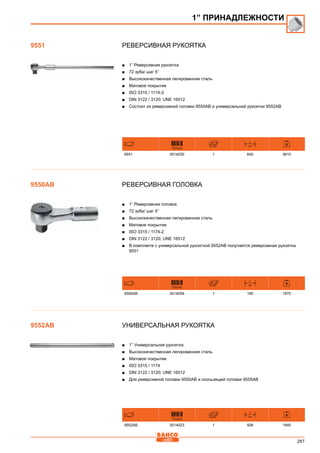 287
Реверсивная рукоятка
■■ 1” Реверсивная рукоятка
■■ 72 зуба/ шаг 5°
■■ Высококачественная легированная сталь
■■ Матовое покрытие
■■ ISO 3315 / 1174-2
■■ DIN 3122 / 3120; UNE 16512
■■ Состоит из реверсивной головки 9550АВ и универсальной рукоятки 9552АВ
731415
L
mm
9551 3014030 1 640 3810
Реверсивная головка
■■ 1” Реверсивная головка
■■ 72 зуба/ шаг 5°
■■ Высококачественная легированная сталь
■■ Матовое покрытие
■■ ISO 3315 / 1174-2
■■ DIN 3122 / 3120; UNE 16512
■■ В комплекте с универсальной рукояткой 9552AB получается реверсивная рукоятка
9551
731415
L
mm
9550AB 3014009 1 190 1870
Универсальная рукоятка
■■ 1” Универсальная рукоятка
■■ Высококачественная легированная сталь
■■ Матовое покрытие
■■ ISO 3315 / 1174
■■ DIN 3122 / 3120; UNE 16512
■■ Для реверсивной головки 9550AB и скользящей головки 9555AB
731415
L
mm
9552AB 3014023 1 508 1945
1” ПРИНАДЛЕЖНОСТИ
9551
9550AB
9552AB
 