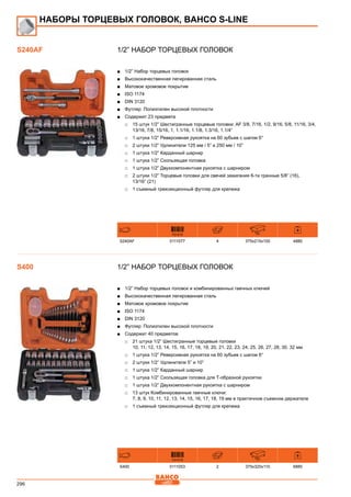 296
1/2” Набор торцевых головок
■■ 1/2” Набор торцевых головок
■■ Высококачественная легированная сталь
■■ Матовое хромовое покрытие
■■ ISO 1174
■■ DIN 3120
■■ Футляр: Полиэтилен высокой плотности
■■ Содержит 23 предмета
□□ 15 штук 1/2” Шестигранные торцевые головки: AF 3/8, 7/16, 1/2, 9/16, 5/8, 11/16, 3/4,
13/16, 7/8, 15/16, 1, 1.1/16, 1.1/8, 1.3/16, 1.1/4”
□□ 1 штука 1/2” Реверсивная рукоятка на 60 зубьев с шагом 6°
□□ 2 штуки 1/2” Удлинители 125 мм / 5” и 250 мм / 10”
□□ 1 штука 1/2” Карданный шарнир
□□ 1 штука 1/2” Скользящая головка
□□ 1 штука 1/2” Двухкомпонентная рукоятка с шарниром
□□ 2 штуки 1/2” Торцевые головки для свечей зажигания 6-ти гранные 5/8” (16),
13/16” (21)
□□ 1 съемный трехсекционный футляр для крепежа
731415 mm
S240AF 0111077 4 375x215x100 4880
1/2” Набор торцевых головок
■■ 1/2” Набор торцевых головок и комбинированных гаечных ключей
■■ Высококачественная легированная сталь
■■ Матовое хромовое покрытие
■■ ISO 1174
■■ DIN 3120
■■ Футляр: Полиэтилен высокой плотности
■■ Содержит 40 предметов
□□ 21 штука 1/2” Шестигранные торцевые головки
10, 11, 12, 13, 14, 15, 16, 17, 18, 19, 20, 21, 22, 23, 24, 25, 26, 27, 28, 30, 32 мм
□□ 1 штука 1/2” Реверсивная рукоятка на 60 зубьев с шагом 6°
□□ 2 штуки 1/2” Удлинители 5” и 10”
□□ 1 штука 1/2” Карданный шарнир
□□ 1 штука 1/2” Скользящая головка для Т-образной рукоятки
□□ 1 штука 1/2” Двухкомпонентная рукоятка с шарниром
□□ 13 штук Комбинированные гаечные ключи:
7, 8, 9, 10, 11, 12, 13, 14, 15, 16, 17, 18, 19 мм в практичном съемном держателе
□□ 1 съемный трехсекционный футляр для крепежа
731415 mm
S400 0111053 2 375x320x110 6880
S240AF
НАБОРЫ ТОРЦЕВЫХ ГОЛОВОК, BAHCO S-Line
S400
 
