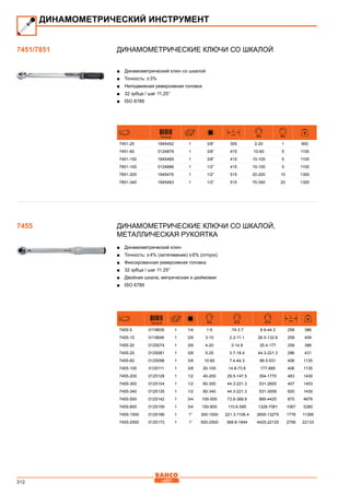312
Динамометрические ключи со шкалой
■■ Динамометрический ключ со шкалой
■■ Точность: ± 3%
■■ Неподвижная реверсивная головка
■■ 32 зубца / шаг 11,25°
■■ ISO 6789
731415
L
mm
Nm Nm
7451-20 1845452 1 3/8” 355 2-20 1 900
7451-60 0124879 1 3/8” 415 10-60 5 1100
7451-100 1845469 1 3/8” 415 10-100 5 1100
7851-100 0124886 1 1/2” 415 10-100 5 1100
7851-200 1845476 1 1/2” 515 20-200 10 1300
7851-340 1845483 1 1/2” 515 70-340 20 1300
Динамометрические ключи со шкалой,
металлическая рукоятка
■■ Динамометрический ключ
■■ Точность: ± 4% (затягивание) ± 6% (отпуск)
■■ Фиксированная реверсивная головка
■■ 32 зубца / шаг 11.25°
■■ Двойная шкала, метрическая и дюймовая
■■ ISO 6789
731415 Nm lb.ft lb.in
L
mm
7455-5 0119639 1 1/4 1-5 .74-3.7 8.9-44.3 258 386
7455-15 0119646 1 3/8 3-15 2.2-11.1 26.5-132.8 258 409
7455-20 0125074 1 3/8 4-20 3-14.8 35.4-177 258 386
7455-25 0125081 1 3/8 5-25 3.7-18.4 44.3-221.3 286 431
7455-60 0125098 1 3/8 10-60 7.4-44.3 88.5-531 406 1135
7455-100 0125111 1 3/8 20-100 14.8-73.8 177-885 406 1135
7455-200 0125128 1 1/2 40-200 29.5-147.5 354-1770 483 1430
7455-300 0125104 1 1/2 60-300 44.3-221.3 531-2655 457 1453
7455-340 0125135 1 1/2 60-340 44.3-221.3 531-3009 620 1430
7455-500 0125142 1 3/4 100-500 73.8-368.8 885-4425 870 4676
7455-800 0125159 1 3/4 150-800 110.6-590 1328-7081 1067 5380
7455-1500 0125166 1 1” 300-1500 221.3-1106.4 2655-13275 1778 11395
7455-2500 0125173 1 1” 500-2500 368.8-1844 4425-22125 2756 22133
ДИНАМОМЕТРИЧЕСКИЙ ИНСТРУМЕНТ
7451/7851
7455
 