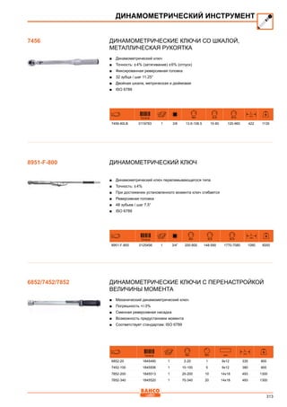 313
Динамометрические ключи со шкалой,
металлическая рукоятка
■■ Динамометрический ключ
■■ Точность: ± 4% (затягивание) ± 6% (отпуск)
■■ Фиксированная реверсивная головка
■■ 32 зубца / шаг 11.25°
■■ Двойная шкала, метрическая и дюймовая
■■ ISO 6789
731415 Nm lb.ft lb.in
L
mm
7456-80LB 0119783 1 3/8 13.6-108.5 10-80 120-960 422 1135
Динамометрический ключ
■■ Динамометрический ключ переламывающегося типа
■■ Точность: ± 4%
■■ При достижении установленного момента ключ сгибается
■■ Реверсивная головка
■■ 48 зубьев / шаг 7,5°
■■ ISO 6789
731415 Nm lb.ft lb.in
L
mm
8951-F-800 0125456 1 3/4” 200-800 148-590 1770-7080 1090 6000
Динамометрические ключи с перенастройкой
величины момента
■■ Механический динамометрический ключ
■■ Погрешность +/-3%
■■ Сменная реверсивная насадка
■■ Возможность предустановки момента
■■ Соответствует стандартам: ISO 6789
731415 Nm Nm mm
L
mm
6852-20 1845490 1 2-20 1 9x12 335 800
7452-100 1845506 1 10-100 5 9x12 380 900
7852-200 1845513 1 20-200 10 14x18 493 1300
7852-340 1845520 1 70-340 20 14x18 493 1300
ДИНАМОМЕТРИЧЕСКИЙ ИНСТРУМЕНТ
7456
8951-F-800
6852/7452/7852
 