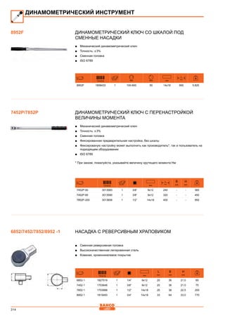 314
Динамометрический ключ со шкалой под
сменные насадки
■■ Механический динамометрический ключ
■■ Точность: ± 3%
■■ Сменная головка
■■ ISO 6789
731415 Nm Nm mm
L
mm
8952F 1808433 1 100-600 50 14x18 900 5.820
Динамометрический ключ с перенастройкой
величины момента
■■ Механический динамометрический ключ
■■ Точность: ± 3%
■■ Сменная головка
■■ Фиксированная предварительная настройка, без шкалы
■■ Фиксированую настройку может выполнить как производитель*, так и пользователь на
подходящем оборудовании
■■ ISO 6789
* При заказе, пожалуйста, указывайте величину крутящего момента Нм
731415 mm
L
mm
B
mm
H
mm
7452P-50 3013583 1 3/8” 9x12 240 - - 365
7452P-85 3013590 1 3/8” 9x12 320 - - 450
7852P-200 3013606 1 1/2” 14x18 400 - - 955
Насадка с реверсивным храповиком
■■ Сменная реверсивная головка
■■ Высококачественная легированная сталь
■■ Кованая, хромоникелевое покрытие
731415 mm
L
mm
B
mm
H
mm
6852-1 1827519 1 1/4” 9x12 20 36 21,0 65
7452-1 1703646 1 3/8” 9x12 20 36 21.0 75
7852-1 1703998 1 1/2” 14x18 25 38 22.5 200
8952-1 1815493 1 3/4” 14x18 33 64 33.0 770
ДИНАМОМЕТРИЧЕСКИЙ ИНСТРУМЕНТ
8952F
7452P/7852P
6852/7452/7852/8952 -1
 