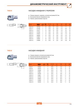 315
Насадка накидная с разрезом
■■ Насадка накидная с разрезом, установочный размер 9x12 мм
■■ Высококачественная легированная сталь
■■ Кованая, хромоникелевое покрытие
731415 mm mm
L
mm
B
mm
H
mm
W
mm
7452-9-10 1707125 1 10 9x12 15 21.5 11.0 7.1 40
7452-9-11 1707392 1 11 9x12 15 22.5 11.0 8.6 40
7452-9-12 1707477 1 12 9x12 15 23.5 11.0 9.0 40
7452-9-13 1707552 1 13 9x12 15 24.5 11.0 10.0 40
7452-9-14 1707637 1 14 9x12 15 27.0 12.0 11.0 50
7452-9-16 1848590 1 16 9x12 15 30.0 12.0 13.0 55
7452-9-17 1708870 1 17 9x12 15 30.0 12.0 14.0 65
7452-9-18 1708955 1 18 9x12 15 32.5 14.5 14.9 65
7452-9-19 1709099 1 19 9x12 15 33.5 14.5 15.8 65
Насадка накидная
■■ Насадка накидная, установочный размер 9х12 мм
■■ Высококачественная легированная сталь
■■ Кованая, хромоникелевое покрытие
731415 mm mm
L
mm
B
mm
H
mm
7452-8-7 1706234 1 7 9x12 15 12.2 8 30
7452-8-8 1706319 1 8 9x12 15 13.5 8 30
7452-8-10 1706586 1 10 9x12 15 16.3 9 30
7452-8-11 1706661 1 11 9x12 15 17.5 9 30
7452-8-12 1706746 1 12 9x12 15 18.5 9 35
7452-8-13 1706821 1 13 9x12 15 20.5 11 35
7452-8-14 1707040 1 14 9x12 15 22.0 11 40
7452-8-15 1708443 1 15 9x12 15 23.3 11 40
7452-8-17 1708528 1 17 9x12 15 26.0 11 40
7452-8-19 1708795 1 19 9x12 15 29.0 11 40
ДИНАМОМЕТРИЧЕСКИЙ ИНСТРУМЕНТ
7452-9
7452-8
 