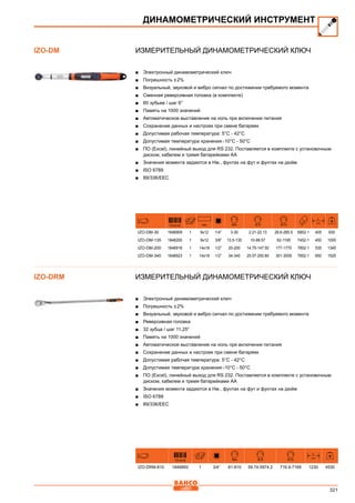 321
Измерительный динамометрический ключ
■■ Электронный динамометрический ключ
■■ Погрешность ± 2%
■■ Визуальный, звуковой и вибро сигнал по достижении требуемого момента
■■ Сменная реверсивная головка (в комплекте)
■■ 60 зубьев / шаг 6°
■■ Память на 1000 значений
■■ Автоматическое выставление на ноль при включении питания
■■ Сохранение данных и настроек при смене батареек
■■ Допустимая рабочая температура: 5°C - 42°C
■■ Допустимая температура хранения:-10°C - 50°C
■■ ПО (Excel), линейный выход для RS 232. Поставляется в комплекте с установочным
диском, кабелем и тремя батарейками АА
■■ Значения момента задаются в Нм., фунтах на фут и фунтах на дюйм
■■ ISO 6789
■■ 89/336/EEC
731415 mm Nm lb.ft lb.in
L
mm
IZO-DM-30 1846909 1 9x12 1/4” 3-30 2.21-22.13 26.6-265.5 6852-1 405 930
IZO-DM-135 1848200 1 9x12 3/8” 13.5-135 10-99.57 62-1195 7452-1 450 1000
IZO-DM-200 1846916 1 14x18 1/2” 20-200 14.75-147.50 177-1770 7852-1 535 1345
IZO-DM-340 1846923 1 14x18 1/2” 34-340 25.07-250.80 301-3009 7852-1 650 1525
Измерительный динамометрический ключ
■■ Электронный динамометрический ключ
■■ Погрешность ± 2%
■■ Визуальный, звуковой и вибро сигнал по достижении требуемого момента
■■ Реверсивная головка
■■ 32 зубца / шаг 11,25°
■■ Память на 1000 значений
■■ Автоматическое выставление на ноль при включении питания
■■ Сохранение данных и настроек при смене батареек
■■ Допустимая рабочая температура: 5°C - 42°C
■■ Допустимая температура хранения:-10°C - 50°C
■■ ПО (Excel), линейный выход для RS 232. Поставляется в комплекте с установочным
диском, кабелем и тремя батарейками АА
■■ Значения момента задаются в Нм., фунтах на фут и фунтах на дюйм
■■ ISO 6789
■■ 89/336/EEC
731415 Nm lb.ft lb.in
L
mm
IZO-DRM-810 1846893 1 3/4” 81-810 59.74-5974.2 716.9-7169 1230 4530
ДИНАМОМЕТРИЧЕСКИЙ ИНСТРУМЕНТ
IZO-DM
IZO-DRM
 