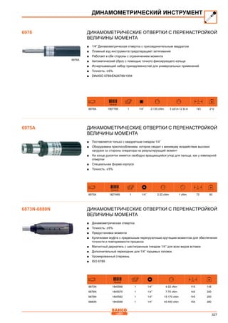 327
Динамометрические отвертки с перенастройкой
величины момента
■■ 1/4” Динамометрическая отвертка с присоединительным квадратом
■■ Плавный ход инструмента предотвращает затягивание
■■ Работает в обе стороны с ограничением момента
■■ Автоматический сброс с помощью точного фиксирующего кольца
■■ Исчерпывающий набор принадлежностей для универсальных применений
■■ Точность: ± 6%
■■ DIN/ISO 6789/EN26789/1994
731415
L
mm
6976A 1807795 1 1/4” 2-135 cNm 3 ozf.in-12 lb.in 143 210
Динамометрические отвертки с перенастройкой
величины момента
■■ Поставляется только с квадратным гнездом 1/4”
■■ Оборудована приспособлением, которое сводит к минимуму воздействие высоких
нагрузок со стороны оператора на результирующий момент
■■ На конце рукоятки имеется свободно вращающийся упор для пальца, как у ювелирной
отвертки
■■ Специальная форма корпуса
■■ Точность: ± 5%
731415
L
mm
6975A 1827489 1 1/4” 2-22 cNm 1 cNm 72 50
Динамометрические отвертки с перенастройкой
величины момента
■■ Динамометрическая отвертка
■■ Точность: ± 6%
■■ Предустановка момента
■■ Кулачковая муфта с предельным перегрузочным крутящим моментом для обеспечения
точности и повторяемости процесса
■■ Магнитный держатель с шестигранным гнездом 1/4” для всех видов вставок
■■ Дополнительный переходник для 1/4” торцевых головок
■■ Хромированный стержень
■■ ISO 6789
731415
L
mm
6873N 1845568 1 1/4” 4-22 cNm 115 145
6876N 1845575 1 1/4” 7-70 cNm 145 200
6878N 1845582 1 1/4” 15-170 cNm 145 200
6880N 1845599 1 1/4” 45-450 cNm 155 280
ДИНАМОМЕТРИЧЕСКИЙ ИНСТРУМЕНТ
6976
6975A
6873N-6880N
6976A
 