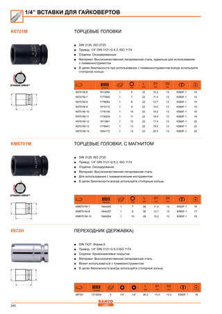 340
Торцевые головки
■■ DIN 3129, ISO 2725
■■ Привод: 1/4” DIN 3121-G 6,3, ISO 1174
■■ Отделка: Оксидированные
■■ Материал: Высококачественная легированная сталь, идеальна для использования
с пневмоинструментом
■■ В целях безопасности при использовании с пневмоинструментом всегда используйте
стопорное кольцо
731415 mm
L
mm
D1
mm
D2
mm
K6701M-6 1813260 1 6 22 10.2 13 K560F-1 14
K6701M-7 1777920 1 7 22 11.5 13 K560F-1 14
K6701M-8 1778064 1 8 22 12.7 13 K560F-1 15
K6701M-9 1815110 1 9 22 14.0 13 K560F-1 15
K6701M-10 1778149 1 10 22 15.2 13 K560F-1 16
K6701M-11 1778224 1 11 22 16.4 13 K560F-1 19
K6701M-12 1811891 1 12 22 17.4 13 K560F-1 22
K6701M-13 1778491 1 13 22 19.0 13 K560F-1 23
K6701M-14 1844172 1 14 23 20.5 13 K560F-1 25
Торцевые головки, c магнитом
■■ DIN 3129, ISO 2725
■■ Привод: 1/4” DIN 3121-G 6,3, ISO 1174
■■ Отделка: Оксидирование
■■ Материал: Высококачественная легированная сталь
■■ Для использования с пневматическим инструментом
■■ В целях безопасности всегда используйте стопорные кольца
731415 mm
L
mm
D1
mm
D2
mm
KM6701M-7 1844240 1 7 28 11.5 13 K560F-1 16
KM6701M-8 1844257 1 8 28 12.7 13 K560F-1 17
KM6701M-10 1844264 1 10 28 15.2 13 K560F-1 19
Переходник (державка)
■■ DIN 7427, Форма A
■■ Привод: 1/4” DIN 3121-G 6,3 ISO 1174
■■ Отделка: Хромоникелевое покрытие
■■ Материал: Высококачественная легированная сталь
■■ Может использоваться с пневмоинструментом
■■ В целях безопасности всегда используйте стопорное кольцо
731415
L
mm
D1
mm
D2
mm
6972H 1215934 5 1/4” 1/4” 26.0 13.0 13.0 K560F-1 18
1/4” ВСТАВКИ ДЛЯ ГАЙКОВЕРТОВ
K6701M
KM6701M
6972H
 