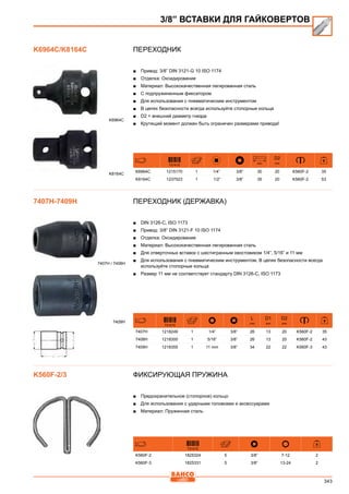 343
Переходник
■■ Привод: 3/8” DIN 3121-G 10 ISO 1174
■■ Отделка: Оксидирование
■■ Материал: Высококачественная легированная сталь
■■ С подпружиненным фиксатором
■■ Для использования с пневматическим инструментом
■■ В целях безопасности всегда используйте стопорные кольца
■■ D2 = внешний диаметр гнезда
■■ Крутящий момент должен быть ограничен размерами привода!
731415
mm
D2
mm
K6964C 1215170 1 1/4” 3/8” 30 20 K560F-2 35
K8164C 1237523 1 1/2” 3/8” 35 20 K560F-2 53
Переходник (державка)
■■ DIN 3126-C, ISO 1173
■■ Привод: 3/8” DIN 3121-F 10 ISO 1174
■■ Отделка: Оксидирование
■■ Материал: Высококачественная легированная сталь
■■ Для отверточных вставок с шестигранным хвостовиком 1/4”, 5/16” и 11 мм
■■ Для использования с пневматическим инструментом. В целях безопасности всегда
используйте стопорные кольца
■■ Размер 11 мм не соответствует стандарту DIN 3126-C, ISO 1173
731415
L
mm
D1
mm
D2
mm
7407H 1218249 1 1/4” 3/8” 26 13 20 K560F-2 35
7408H 1218300 1 5/16” 3/8” 26 13 20 K560F-2 43
7409H 1218355 1 11 mm 3/8” 34 22 22 K560F-3 43
Фиксирующая пружина
■■ Предохранительное (стопорное) кольцо
■■ Для использования с ударными головками и аксессуарами
■■ Материал: Пружинная сталь
731415
K560F-2 1825324 5 3/8” 7-12 2
K560F-3 1825331 5 3/8” 13-24 2
3/8” ВСТАВКИ ДЛЯ ГАЙКОВЕРТОВ
K6964C/K8164C
K6964C
K8164C
7407H-7409H
7407H / 7408H
7409H
K560F-2/3
 