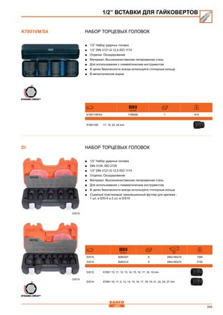 345
Набор торцевых головок
■■ 1/2” Набор ударных головок
■■ 1/2” DIN 3121-G 12,5 ISO 1174
■■ Отделка: Оксидирование
■■ Материал: Высококачественная легированная сталь
■■ Для использования с пневматическим инструментом
■■ В целях безопасности всегда используйте стопорные кольца
■■ В металлическом ящике
731415
K7801VM/S4 1799090 1 910
K7801VM 17, 19, 22, 24 mm
Набор торцевых головок
■■ 1/2” Набор ударных головок
■■ DIN 3129, ISO 2725
■■ 1/2” DIN 3121-G 12,5 ISO 1174
■■ Отделка: Оксидирование
■■ Материал: Высококачественная легированная сталь
■■ Для использования с пневматическим инструментом
■■ В целях безопасности всегда используйте стопорные кольца
■■ Съемный пластиковый трехсекционный футляр для крепежа -
1 шт. в D/S14 и 2 шт. в D/S10
731151 mm
D/S10 8280307 6 280x160x70 1595
D/S14 8280314 6 280x160x70 2155
D/S10 K7801 10, 11, 12, 13, 14, 15, 16, 17, 18, 19 mm
D/S14 K7081 10, 11, 2, 13, 14, 15, 16, 17, 18, 19, 21, 22, 24, 27 mm
1/2” ВСТАВКИ ДЛЯ ГАЙКОВЕРТОВ
K7801VM/S4
D/
D/S14
D/S10
 