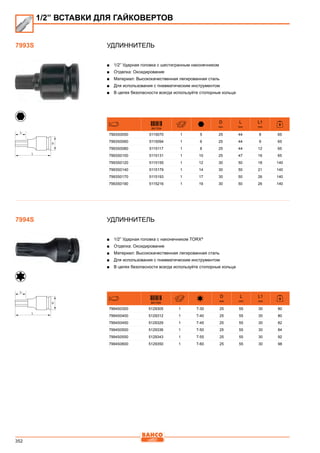 352
Удлиннитель
■■ 1/2” Ударная головка с шестигранным наконечником
■■ Отделка: Оксидирование
■■ Материал: Высококачественная легированная сталь
■■ Для использования с пневматическим инструментом
■■ В целях безопасности всегда используйте стопорные кольца
841334
D
mm
L
mm
L1
mm
7993S0050 5115070 1 5 25 44 8 65
7993S0060 5115094 1 6 25 44 9 65
7993S0080 5115117 1 8 25 44 12 65
7993S0100 5115131 1 10 25 47 16 65
7993S0120 5115155 1 12 30 50 18 140
7993S0140 5115179 1 14 30 50 21 140
7993S0170 5115193 1 17 30 50 26 140
7993S0190 5115216 1 19 30 50 26 140
Удлиннитель
■■ 1/2” Ударная головка с наконечником TORX®
■■ Отделка: Оксидирование
■■ Материал: Высококачественная легированная сталь
■■ Для использования с пневматическим инструментом
■■ В целях безопасности всегда используйте стопорные кольца
841334
D
mm
L
mm
L1
mm
7994S0300 5129305 1 T-30 25 55 30 80
7994S0400 5129312 1 T-40 25 55 30 80
7994S0450 5129329 1 T-45 25 55 30 82
7994S0500 5129336 1 T-50 25 55 30 84
7994S0550 5129343 1 T-55 25 55 30 92
7994S0600 5129350 1 T-60 25 55 30 98
1/2” ВСТАВКИ ДЛЯ ГАЙКОВЕРТОВ
7993S
7994S
 