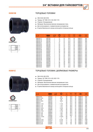353
Торцевые головки
■■ DIN 3129, ISO 2725
■■ Привод: 3/4” DIN 3121-H 20, ISO 1174
■■ Отделка: Оксидирование
■■ Материал: Высококачественная легированная сталь
■■ Для использования с пневматическим инструментом
■■ В целях безопасности всегда используйте стопорные кольца
731415 mm
L
mm
D1
mm
D2
mm
K8901M-17 1803155 1 17 51 30.0 44 K560F-6 365
K8901M-18 1844189 1 18 51 31.0 44 K560F-6 365
K8901M-19 1803162 1 19 51 32.5 44 K560F-6 365
K8901M-21 1803179 1 21 51 35.0 44 K560F-6 370
K8901M-22 1803186 1 22 51 36.0 44 K560F-6 375
K8901M-23 1803193 1 23 51 37.5 44 K560F-6 375
K8901M-24 1803209 1 24 51 38.5 44 K560F-6 380
K8901M-27 1803216 1 27 53 42.5 44 K560F-6 395
K8901M-28 1803223 1 28 53 44.0 44 K560F-6 400
K8901M-29 1803230 1 29 53 45.0 44 K560F-6 410
K8901M-30 1803247 1 30 53 46.0 44 K560F-6 420
K8901M-32 1803254 1 32 57 48.5 44 K560F-6 425
K8901M-33 1803261 1 33 57 50.0 44 K560F-6 520
K8901M-34 1803278 1 34 57 51.0 44 K560F-6 520
K8901M-36 1803285 1 36 57 53.5 44 K560F-6 540
K8901M-38 1803292 1 38 57 56.0 44 K560F-6 590
K8901M-41 1803308 1 41 58 60.0 44 K560F-6 600
K8901M-46 1803315 1 46 62 66.0 44 K560F-6 690
K8901M-50 1846398 1 50 68 71.0 44 K560F-7 700
K8901M-55 1846404 1 55 72 77.5 54 K560F-7 750
K8901M-60 1846411 1 60 72 83.5 54 K560F-7 800
Торцевые головки, Дюймовые размеры
■■ DIN 3129, ISO 2725
■■ Привод: 3/4” DIN 3121-H 20, ISO 1174
■■ Отделка: Оксидирование
■■ Материал: Высококачественная легированная сталь
■■ Для использования с пневматическим инструментом
■■ В целях безопасности всегда используйте стопорные кольца
731415
L
mm
D1
mm
D2
mm
K8901Z-3/4 1844202 1 3/4 50 33.0 44 K560F-6 360
K8901Z-13/16 1844226 1 13/16 50 35.0 44 K560F-6 370
K8901Z-7/8 1844301 1 7/8 50 37.0 44 K560F-6 370
K8901Z-15/16 1844745 1 15/16 50 39.0 44 K560F-6 380
K8901Z-1 1844752 1 1 50 41.0 44 K560F-6 380
K8901Z-1.1/16 1844769 1 1 1/16 50 43.0 44 K560F-6 370
K8901Z-1.1/8 1844776 1 1 1/8 50 45.0 44 K560F-6 380
K8901Z-1.1/4 1844783 1 1 1/4 53 49.0 44 K560F-6 450
K8901Z-1.5/16 1844790 1 1 5/16 56 50.0 44 K560F-6 475
K8901Z-1.3/8 1844806 1 1 3/8 56 53.5 44 K560F-6 530
K8901Z-1.7/16 1844813 1 1 7/16 56 53.5 44 K560F-6 560
K8901Z-1.1/2 1844820 1 1 1/2 58 55.0 44 K560F-6 580
K8901Z-1.5/8 1844837 1 1 5/8 58 61.0 44 K560F-6 610
K8901Z-1.3/4 1844844 1 1 3/4 63 65.0 44 K560F-6 720
K8901Z-1.15/16 0130290 1 1 15/16 68 70 44 K560F-6 830
K8901Z-2 0130306 1 2 68 71 44 K560F-6 830
K8901Z-2.1/16 0130313 1 2 1/16 71 73 54 K560F-7 1020
K8901Z-2.3/16 0130337 1 2 3/16 71 78 54 K560F-7 1150
K8901Z-2.1/4 0130344 1 2 1/4 73 80 54 K560F-7 1230
K8901Z-2.3/8 0130351 1 2 3/8 73 83 54 K560F-7 1260
3/4” ВСТАВКИ ДЛЯ ГАЙКОВЕРТОВ
K8901M
K8901Z
 