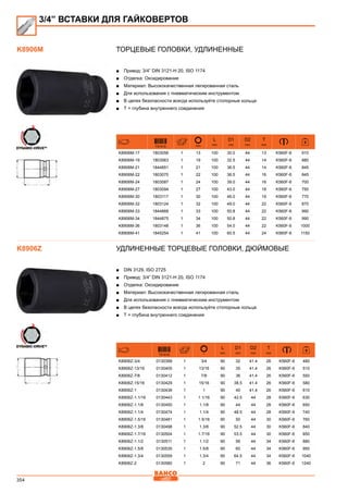354
Торцевые головки, Удлиненные
■■ Привод: 3/4” DIN 3121-H 20, ISO 1174
■■ Отделка: Оксидирование
■■ Материал: Высококачественная легированная сталь
■■ Для использования с пневматическим инструментом
■■ В целях безопасности всегда используйте стопорные кольца
■■ Т = глубина внутреннего соединения
731415 mm
L
mm
D1
mm
D2
mm
T
mm
K8906M-17 1803056 1 13 100 30.0 44 13 K560F-6 910
K8906M-19 1803063 1 19 100 32.5 44 14 K560F-6 880
K8906M-21 1844851 1 21 100 36.5 44 14 K560F-6 845
K8906M-22 1803070 1 22 100 36.5 44 16 K560F-6 845
K8906M-24 1803087 1 24 100 39.0 44 16 K560F-6 700
K8906M-27 1803094 1 27 100 43.0 44 18 K560F-6 750
K8906M-30 1803117 1 30 100 46.0 44 19 K560F-6 770
K8906M-32 1803124 1 32 100 49.0 44 22 K560F-6 870
K8906M-33 1844868 1 33 100 50.8 44 22 K560F-6 990
K8906M-34 1844875 1 34 100 50.8 44 22 K560F-6 990
K8906M-36 1803148 1 36 100 54.0 44 22 K560F-6 1000
K8906M-41 1845254 1 41 100 60.5 44 24 K560F-6 1150
Удлиненные торцевые головки, дюймовые
■■ DIN 3129, ISO 2725
■■ Привод: 3/4” DIN 3121-H 20, ISO 1174
■■ Отделка: Оксидирование
■■ Материал: Высококачественная легированная сталь
■■ Для использования с пневматическим инструментом
■■ В целях безопасности всегда используйте стопорные кольца
■■ Т = глубина внутреннего соединения
731415
L
mm
D1
mm
D2
mm
T
mm
K8906Z-3/4 0130399 1 3/4 90 32 41.4 26 K560F-6 480
K8906Z-13/16 0130405 1 13/16 90 35 41.4 26 K560F-6 510
K8906Z-7/8 0130412 1 7/8 90 36 41.4 26 K560F-6 550
K8906Z-15/16 0130429 1 15/16 90 38.5 41.4 26 K560F-6 580
K8906Z-1 0130436 1 1 90 40 41.4 26 K560F-6 610
K8906Z-1.1/16 0130443 1 1 1/16 90 42.5 44 28 K560F-6 630
K8906Z-1.1/8 0130450 1 1.1/8 90 44 44 28 K560F-6 650
K8906Z-1.1/4 0130474 1 1.1/4 90 48.5 44 28 K560F-6 740
K8906Z-1.5/16 0130481 1 1.5/16 90 50 44 30 K560F-6 760
K8906Z-1.3/8 0130498 1 1.3/8 90 52.5 44 30 K560F-6 840
K8906Z-1.7/16 0130504 1 1.7/16 90 53.5 44 30 K560F-6 850
K8906Z-1.1/2 0130511 1 1.1/2 90 56 44 34 K560F-6 880
K8906Z-1.5/8 0130535 1 1.5/8 90 60 44 34 K560F-6 950
K8906Z-1.3/4 0130559 1 1.3/4 90 64.5 44 34 K560F-6 1040
K8906Z-2 0130580 1 2 90 71 44 36 K560F-6 1240
3/4” ВСТАВКИ ДЛЯ ГАЙКОВЕРТОВ
K8906M
K8906Z
 