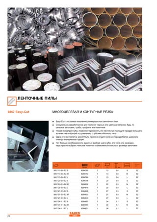 22
Многоцелевая и контурная резка
■■ Easy-Cut - это новое поколение универсальных ленточных пил
■■ Специально разработанное для пиления черных или цветных металов, будь то
цельные заготовки, трубы, профили или пакетные
■■ Новая геометрия зуба, позволяет применять эту ленточную пилу для гораздо большего
количества операций по сравнению с зубьями обычного типа
■■ Одно и то же полотно может быть применено для пиления гораздо более широкого
спектра материалов и форм
■■ Нет больше необходимости думать о выборе шага зуба, его типе или разводке,
надо просто выбрать пильное полотно в зависимости только от размера заготовки
731151 mm mm
3857-13-0.6-EZ-S 8264765 1 13 0.6 S EZ
3857-13-0.6-EZ-M 8264772 1 13 0.6 M EZ
3857-13-0.6-EZ-L 8264789 1 13 0.6 L EZ
3857-20-0.9-EZ-S 8264796 1 20 0.9 S EZ
3857-20-0.9-EZ-M 8264802 1 20 0.9 M EZ
3857-20-0.9-EZ-L 8264819 1 20 0.9 L EZ
3857-27-0.9-EZ-S 8264826 1 27 0.9 S EZ
3857-27-0.9-EZ-M 8264833 1 27 0.9 M EZ
3857-27-0.9-EZ-L 8264840 1 27 0.9 L EZ
3857-34-1.1-EZ-S 8264857 1 34 1.1 S EZ
3857-34-1.1-EZ-M 8264864 1 34 1.1 M EZ
3857-34-1.1-EZ-L 8264871 1 34 1.1 L EZ
ЛЕНТОЧНЫЕ ПИЛЫ
3857 Easy-Cut
 