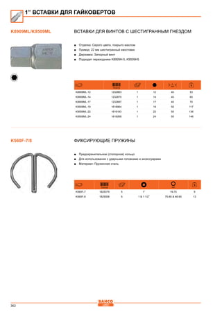 362
Вставки для винтов с шестигранным гнездом
■■ Отделка: Серого цвета, покрыто маслом
■■ Привод: 22 мм шестигранный хвостовик
■■ Державка: Запорный винт
■■ Подходят переходники K8909H-5, K9509H5
731415
L
mm
K8909ML-12 1232863 1 12 40 53
K8909ML-14 1232870 1 14 40 60
K8909ML-17 1232887 1 17 40 70
K9509ML-19 1618964 1 19 50 117
K9509ML-22 1619183 1 22 50 136
K9509ML-24 1619268 1 24 50 146
Фиксирующие пружины
■■ Предохранительное (стопорное) кольцо
■■ Для использования с ударными головками и аксессуарами
■■ Материал: Пружинная сталь
731415 mm
K560F-7 1825379 5 1” 19-70 9
K560F-8 1825508 5 1  1 1/2” 75-80  46-90 13
1” ВСТАВКИ ДЛЯ ГАЙКОВЕРТОВ
K8909ML/K9509ML
K560F-7/8
 