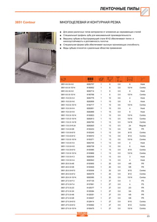 23
Многоцелевая и контурная резка
■■ Для резки различных типов материалов от алюминия до нержавеющих сталей
■■ Специальный профиль зуба для максимальной производительности
■■ Вершины зубьев из быстрорежущей стали М 42 обеспечивают тепло- и
износоустойчивость и долговечность полотна
■■ Специальная форма зуба обеспечивает высокую проникающую способность
■■ Виды зубьев относятся к различным областям применения
731151 mm mm
3851-6-0.6-H-6 8282707 1 6 0.6 6 Hook
3851-6-0.6-10/14 8180652 1 6 0.6 10/14 Combo
3851-6-0.9-H-6 8282714 1 6 0.9 6 Hook
3851-6-0.9-10/14 8180768 1 6 0.9 10/14 Combo
3851-10-0.6-H-4 8282776 1 10 0.6 4 Hook
3851-10-0.6-H-6 8282806 1 10 0.6 6 Hook
3851-10-0.6-10/14 8182717 1 10 0.6 10/14 Combo
3851-10-0.9-H-4 8282851 1 10 0.9 4 Hook
3851-10-0.9-H-6 8282868 1 10 0.9 6 Hook
3851-10-0.9-10/14 8182823 1 10 0.9 10/14 Combo
3851-13-0.5-10/14 8282813 1 13 0.5 10/14 Combo
3851-13-0.5-14/18 8282790 1 13 0.5 14/18 Combo
3851-13-0.5-R-24 8282820 1 13 0.5 24 Regular
3851-13-0.6-5/8 8183233 1 13 0.6 5/8 PR
3851-13-0.6-6/10 8183240 1 13 0.6 6/10 Combo
3851-13-0.6-8/12 8185572 1 13 0.6 8/12 Combo
3851-13-0.6-10/14 8183271 1 13 0.6 10/14 Combo
3851-13-0.6-H-4 8282745 1 13 0.6 4 Hook
3851-13-0.6-H-6 8282738 1 13 0.6 6 Hook
3851-13-0.9-6/10 8183585 1 13 0.9 6/10 Combo
3851-13-0.9-10/14 8183868 1 13 0.9 10/14 Combo
3851-13-0.9-H-3 8282936 1 13 0.9 3 Hook
3851-13-0.9-H-4 8282943 1 13 0.9 4 Hook
3851-20-0.9-4/6 8183905 1 20 0.9 4/6 PR
3851-20-0.9-5/8 8183929 1 20 0.9 5/8 PR
3851-20-0.9-6/10 8183936 1 20 0.9 6/10 Combo
3851-20-0.9-8/12 8282578 1 20 0.9 8/12 Combo
3851-20-0.9-10/14 8282585 1 20 0.9 10/14 Combo
3851-27-0.9-P-3 8157135 1 27 0.9 3 PS
3851-27-0.9-P-4 8157661 1 27 0.9 4 PS
3851-27-0.9-2/3 8126377 1 27 0.9 2/3 PR
3851-27-0.9-3/4 8126384 1 27 0.9 3/4 PR
3851-27-0.9-4/6 8126391 1 27 0.9 4/6 PR
3851-27-0.9-5/8 8126407 1 27 0.9 5/8 PR
3851-27-0.9-6/10 8126414 1 27 0.9 6/10 Combo
3851-27-0.9-8/12 8160692 1 27 0.9 8/12 Combo
3851-27-0.9-10/14 8165475 1 27 0.9 10/14 Combo
ЛЕНТОЧНЫЕ ПИЛЫ
3851 Contour
 