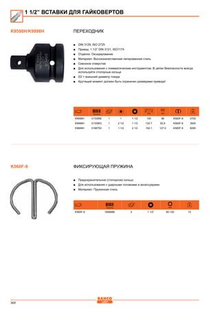 368
Переходник
■■ DIN 3129, ISO 2725
■■ Привод: 1.1/2” DIN 3121, ISO1174
■■ Отделка: Оксидирование
■■ Материал: Высококачественная легированная сталь
■■ Сквозное отверстие
■■ Для использования с пневматическим инструментом. В целях безопасности всегда
используйте стопорные кольца
■■ D2 = внешний диаметр гнезда
■■ Крутящий момент должен быть ограничен размерами привода!
731415
mm
D2
mm
K9598H 0133956 1 1 1 1/2 105 86 K560F-8 2700
K9998H 0133963 1 2 1/2 1 1/2 120.7 82.6 K560F-8 3920
K9899H 0166763 1 1 1/2 2 1/2 162.1 127.0 K560F-9 8290
Фиксирующая пружина
■■ Предохранительное (стопорное) кольцо
■■ Для использования с ударными головками и аксессуарами
■■ Материал: Пружинная сталь
731415 mm
K560F-9 1846688 5 1 1/2” 95-120 15
K9598H/K9998H
1 1/2” ВСТАВКИ ДЛЯ ГАЙКОВЕРТОВ
K560F-9
 