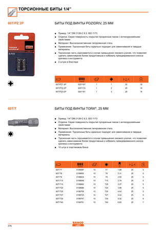 376
Биты под винты Pozidriv, 25 мм
■■ Привод: 1/4” DIN 3126-C 6,3, ISO 1173
■■ Отделка: Серая поверхность покрытая прозрачным лаком с антикоррозийными
свойствами
■■ Материал: Высококачественная легированная сталь
■■ Применение: Торсионные биты идеально подходят для завинчивания в твердые
материалы
■■ Торсионная часть скручивается в случае превышения пикового усилия, что позволяет
сделать завинчивание более продуктивным и избежать преждевременного износа
крепежа и инструмента
■■ 2 штуки в блистере
731415
L
mm
60T/PZ1-2P 0201167 1 1 25 18
60T/PZ2-2P 0201174 1 2 25 18
60T/PZ3-2P 0201181 1 3 25 18
Биты под винты TORX®
, 25 мм
■■ Привод: 1/4” DIN 3126-C 6,3, ISO 1173
■■ Отделка: Серая поверхность покрытая прозрачным лаком с антикоррозийными
свойствами
■■ Материал: Высококачественная легированная сталь
■■ Применение: Торсионные биты идеально подходят для завинчивания в твердые
материалы
■■ Торсионная часть скручивается в случае превышения пикового усилия, что позволяет
сделать завинчивание более продуктивным и избежать преждевременного износа
крепежа и инструмента
■■ 10 штук в пластиковом боксе
731415
D
mm
L
mm
60T/T7 0199587 10 T7 1.99 25 5
60T/T8 0199600 10 T8 2.31 25 5
60T/T9 0199624 10 T9 2.50 25 5
60T/T10 0199648 10 T10 2.74 25 5
60T/T15 0199662 10 T25 3.27 25 5
60T/T20 0199686 10 T20 3.86 25 5
60T/T25 0199709 10 T25 4.43 25 5
60T/T27 0199723 10 T27 4.43 25 5
60T/T30 0199747 10 T30 5.52 25 6
60T/T40 0199761 10 T40 6.65 25 7
ТОРСИОННЫЕ БИТЫ 1/4”
60T/PZ 2P
60T/T
 