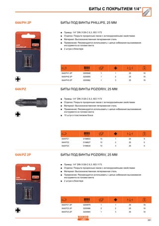 381
Биты под винты Phillips, 25 мм
■■ Привод: 1/4” DIN 3126-C 6,3, ISO 1173
■■ Отделка: Покрыта прозрачным лаком с антикоррозийными свойствами
■■ Материал: Высококачественная легированная сталь
■■ Применение: Рекомендуется использовать с целью избежания выскакивания
инструмента из головки винта
■■ 2 штуки в блистере
731415
L
mm
64A/PH1-2P 0200948 1 1 25 18
64A/PH2-2P 0200955 1 2 25 18
64A/PH3-2P 0200962 1 3 25 18
Биты под винты Pozidriv, 25 мм
■■ Привод: 1/4” DIN 3126-C 6,3, ISO 1173
■■ Отделка: Покрыта прозрачным лаком с антикоррозийными свойствами
■■ Материал: Высококачественная легированная сталь
■■ Применение: Рекомендуется использовать с целью избежания выскакивания
инструмента из головки винта
■■ 10 штук в пластиковом боксе
731415
L
mm
64A/PZ1 0198603 10 1 25 5
64A/PZ2 0198627 10 2 25 5
64A/PZ3 0198634 10 3 25 5
Биты под винты Pozidriv, 25 мм
■■ Привод: 1/4” DIN 3126-C 6,3, ISO 1173
■■ Отделка: Покрыта прозрачным лаком с антикоррозийными свойствами
■■ Материал: Высококачественная легированная сталь
■■ Применение: Рекомендуется использовать с целью избежания выскакивания
инструмента из головки винта
■■ 2 штуки в блистере
731415
L
mm
64A/PZ1-2P 0200979 1 1 25 18
64A/PZ2-2P 0200986 2 2 25 18
64A/PZ3-2P 0200993 1 3 25 18
БИТЫ С ПОКРЫТИЕМ 1/4”
64A/PH 2P
64A/PZ
64A/PZ 2P
 