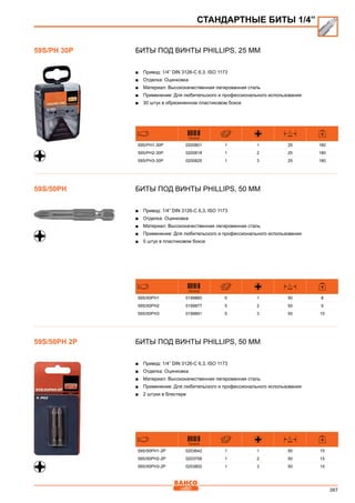 387
Биты под винты Phillips, 25 мм
■■ Привод: 1/4” DIN 3126-C 6,3, ISO 1173
■■ Отделка: Оцинковка
■■ Материал: Высококачественная легированная сталь
■■ Применение: Для любительского и профессионального использования
■■ 30 штук в обрезиненном пластиковом боксе
731415
L
mm
59S/PH1-30P 0200801 1 1 25 180
59S/PH2-30P 0200818 1 2 25 180
59S/PH3-30P 0200825 1 3 25 180
Биты под винты Phillips, 50 мм
■■ Привод: 1/4” DIN 3126-C 6,3, ISO 1173
■■ Отделка: Оцинковка
■■ Материал: Высококачественная легированная сталь
■■ Применение: Для любительского и профессионального использования
■■ 5 штук в пластиковом боксе
731415
L
mm
59S/50PH1 0199860 5 1 50 8
59S/50PH2 0199877 5 2 50 9
59S/50PH3 0199891 5 3 50 10
Биты под винты Phillips, 50 мм
■■ Привод: 1/4” DIN 3126-C 6,3, ISO 1173
■■ Отделка: Оцинковка
■■ Материал: Высококачественная легированная сталь
■■ Применение: Для любительского и профессионального использования
■■ 2 штуки в блистере
731415
L
mm
59S/50PH1-2P 0203642 1 1 50 15
59S/50PH2-2P 0203758 1 2 50 15
59S/50PH3-2P 0203802 1 3 50 15
59S/PH 30P
СТАНДАРТНЫЕ БИТЫ 1/4”
59S/50PH
59S/50PH 2P
 
