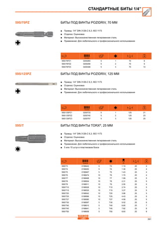 391
Биты под винты Pozidriv, 70 мм
■■ Привод: 1/4” DIN 3126-C 6,3, ISO 1173
■■ Отделка: Оцинковка
■■ Материал: Высококачественная легированная сталь
■■ Применение: Для любительского и профессионального использования
731415
L
mm
59S/70PZ1 0200283 5 1 70 8
59S/70PZ2 0200290 5 2 70 9
59S/70PZ3 0200306 5 3 70 10
Биты под винты Pozidriv, 125 мм
■■ Привод: 1/4” DIN 3126-C 6,3, ISO 1173
■■ Отделка: Оцинковка
■■ Материал: Высококачественная легированная сталь
■■ Применение: Для любительского и профессионального использования
731415
L
mm
59S/125PZ1 0200733 5 1 125 21
59S/125PZ2 0200740 5 2 125 23
59S/125PZ3 0200757 5 3 125 25
Биты под винты TORX®
, 25 мм
■■ Привод: 1/4” DIN 3126-C 6,3, ISO 1173
■■ Отделка: Оцинковка
■■ Материал: Высококачественная легированная сталь
■■ Применение: Для любительского и профессионального использования
■■ 5 или 10 штук в пластиковом боксе
731415
D
mm
L
mm
59S/T3 0198443 5 T3 1.10 25 4
59S/T4 0198450 5 T4 1.30 25 4
59S/T5 0198467 5 T5 1.43 25 4
59S/T6 0198474 10 T6 1.70 25 4
59S/T7 0198498 10 T7 1.99 25 5
59S/T8 0198504 10 T8 2.31 25 5
59S/T9 0198511 10 T9 2.50 25 5
59S/T10 0198528 10 T10 2.74 25 5
59S/T15 0198535 10 T15 3.27 25 5
59S/T20 0198542 10 T20 3.86 25 5
59S/T25 0198566 10 T25 4.43 25 5
59S/T27 0198580 10 T27 4.99 25 5
59S/T30 0198597 5 T30 5.52 25 6
59S/T40 0198610 5 T40 6.65 25 7
59S/T45 0198641 5 T45 7.82 25 8
59S/T50 0198658 5 T50 8.83 25 8
59S/70PZ
СТАНДАРТНЫЕ БИТЫ 1/4”
59S/125PZ
59S/T
 