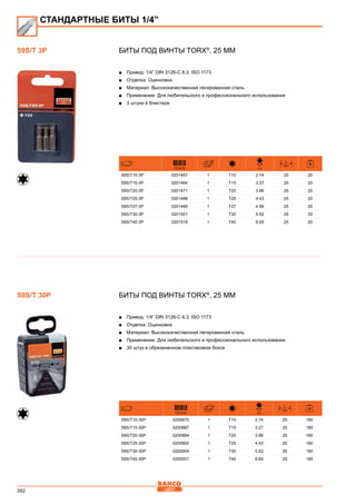 392
Биты под винты TORX®
, 25 мм
■■ Привод: 1/4” DIN 3126-C 6,3, ISO 1173
■■ Отделка: Оцинковка
■■ Материал: Высококачественная легированная сталь
■■ Применение: Для любительского и профессионального использования
■■ 3 штуки в блистере
731415
D
mm
L
mm
59S/T10-3P 0201457 1 T10 2.74 25 20
59S/T15-3P 0201464 1 T15 3.27 25 20
59S/T20-3P 0201471 1 T20 3.86 25 20
59S/T25-3P 0201488 1 T25 4.43 25 20
59S/T27-3P 0201495 1 T27 4.99 25 20
59S/T30-3P 0201501 1 T30 5.52 25 20
59S/T40-3P 0201518 1 T40 6.65 25 20
Биты под винты TORX®
, 25 мм
■■ Привод: 1/4” DIN 3126-C 6,3, ISO 1173
■■ Отделка: Оцинковка
■■ Материал: Высококачественная легированная сталь
■■ Применение: Для любительского и профессионального использования
■■ 30 штук в обрезиненном пластиковом боксе
731415
D
mm
L
mm
59S/T10-30P 0200870 1 T10 2.74 25 180
59S/T15-30P 0200887 1 T15 3.27 25 180
59S/T20-30P 0200894 1 T20 3.86 25 180
59S/T25-30P 0200900 1 T25 4.43 25 180
59S/T30-30P 0200924 1 T30 5.52 25 180
59S/T40-30P 0200931 1 T40 6.65 25 180
СТАНДАРТНЫЕ БИТЫ 1/4”
59S/T 3P
59S/T 30P
 