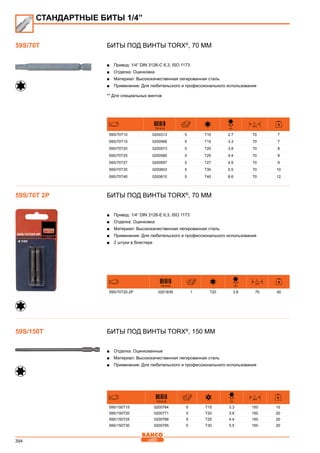 394
Биты под винты TORX®
, 70 мм
■■ Привод: 1/4” DIN 3126-C 6,3, ISO 1173
■■ Отделка: Оцинковка
■■ Материал: Высококачественная легированная сталь
■■ Применение: Для любительского и профессионального использования
** Для специальных винтов
731415
D
mm
L
mm
59S/70T10 0200313 5 T10 2.7 70 7
59S/70T15 0200566 5 T15 3.3 70 7
59S/70T20 0200573 5 T20 3.8 70 8
59S/70T25 0200580 5 T25 4.4 70 8
59S/70T27 0200597 5 T27 4.9 70 9
59S/70T30 0200603 5 T30 5.5 70 10
59S/70T40 0200610 5 T40 6.6 70 12
Биты под винты TORX®
, 70 мм
■■ Привод: 1/4” DIN 3126-E 6,3, ISO 1173
■■ Отделка: Оцинковка
■■ Материал: Высококачественная легированная сталь
■■ Применение: Для любительского и профессионального использования
■■ 2 штуки в блистере
731415
D
mm
L
mm
59S/70T20-2P 0201839 1 T20 3.8 70 40
Биты под винты TORX®
, 150 мм
■■ Отделка: Оцинкованные
■■ Материал: Высококачественная легированная сталь
■■ Применение: Для любительского и профессионального использования
731415
D
mm
L
mm
59S/150T15 0200764 5 T15 3.3 150 10
59S/150T20 0200771 5 T20 3.8 150 20
59S/150T25 0200788 5 T25 4.4 150 20
59S/150T30 0200795 5 T30 5.5 150 20
СТАНДАРТНЫЕ БИТЫ 1/4”
59S/70T
59S/70T 2P
59S/150T
 