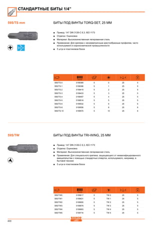 400
Биты под винты Torq-Set, 25 мм
■■ Привод: 1/4” DIN 3126-C 6,3, ISO 1173
■■ Отделка: Оцинковка
■■ Материал: Высококачественная легированная сталь
■■ Применение: Для крепежа с несимметричным крестообразным профилем, часто
используемого в аэрокосмической промышленности
■■ 5 штук в пластиковом боксе
731415
L
mm
59S/TS-0 0199389 5 0 25 5
59S/TS-1 0199396 5 1 25 5
59S/TS-2 0199419 5 2 25 5
59S/TS-3 0199433 5 3 25 5
59S/TS-4 0199457 5 4 25 5
59S/TS-5 0199518 5 5 25 5
59S/TS-6 0199532 5 6 25 6
59S/TS-8 0199556 5 8 25 6
59S/TS-10 0199570 5 10 25 6
Биты под винты Tri-Wing, 25 мм
■■ Привод: 1/4” DIN 3126-C 6,3, ISO 1173
■■ Отделка: Оцинковка
■■ Материал: Высококачественная легированная сталь
■■ Применение: Для специального крепежа, защищающего от неквалифицированного
вмешательства с помощью стандартных отверток, используемого, например, в
бытовой технике
■■ 5 штук в пластиковом боксе
731415
L
mm
59S/TW0 0199617 5 TW 0 25 5
59S/TW1 0199631 5 TW 1 25 5
59S/TW2 0199655 5 TW 2 25 5
59S/TW3 0199679 5 TW 3 25 5
59S/TW4 0199693 5 TW 4 25 5
59S/TW5 0199716 5 TW 5 25 5
СТАНДАРТНЫЕ БИТЫ 1/4”
59S/TS mm
59S/TW
 