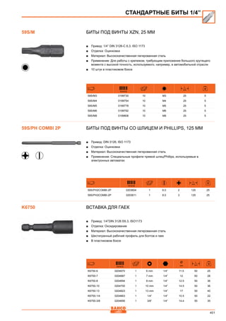 401
Биты под винты XZN, 25 мм
■■ Привод: 1/4” DIN 3126-C 6,3, ISO 1173
■■ Отделка: Оцинковка
■■ Материал: Высококачественная легированная сталь
■■ Применение: Для работы с крепежом, требующим приложения большого крутящего
момента с высокой точность, используемого, например, в автомобильной отрасли
■■ 10 штук в пластиковом боксе
731415
L
mm
59S/M3 0199730 10 M3 25 5
59S/M4 0199754 10 M4 25 5
59S/M5 0199778 10 M5 25 5
59S/M6 0199792 10 M6 25 5
59S/M8 0199808 10 M8 25 5
Биты под винты со шлицем и Phillips, 125 мм
■■ Привод: DIN 3126, ISO 1173
■■ Отделка: Оцинковка
■■ Материал: Высококачественная легированная сталь
■■ Применение: Специальные профили прямой шлиц/Phillips, используемые в
электронных автоматах
731415
L
mm
59S/PH2COMBI-2P 0203604 1 6.0 2 125 25
59S/PH3COMBI-2P 0203611 1 8.0 3 125 25
Вставка для гаек
■■ Привод: 1/4”DIN 3126 E6.3, ISO1173
■■ Отделка: Оксидирование
■■ Материал: Высококачественная легированная сталь
■■ Шестигранный рабочий профиль для болтов и гаек
■■ В пластиковом боксе
731415
Ø
mm
L
mm
K6750-6 0204670 1 6 mm 1/4” 11.5 50 25
K6750-7 0204687 1 7 mm 1/4” 12 50 28
K6750-8 0204694 1 8 mm 1/4” 12.5 50 36
K6750-10 0204700 1 10 mm 1/4” 14.5 50 36
K6750-13 0204823 1 13 mm 1/4” 17 50 40
K6750-1/4 0204663 1 1/4” 1/4” 10.5 50 22
K6750-3/8 0204656 1 3/8” 1/4” 14.4 50 35
СТАНДАРТНЫЕ БИТЫ 1/4”
59S/M
59S/PH COMBI 2P
K6750
 