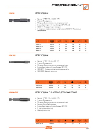 403
Переходник
■■ Привод: 1/4” DIN 3126-A 6,3, ISO 1173
■■ Отделка: Оксидирование
■■ Материал: Высококачественная легированная сталь
■■ Внешний шестигранник/внешний квадрат DIN 3120-A10
■■ К6650-1/4-1Р содержит один переходник
■■ С отверстием под фиксирующие штифты (кроме K6650-1/4-1P с шаровым
наконечником)
731415
L
mm
K6650-1/4 0204526 5 1/4” 1/4” 50 18
K6650-1/4-1P 0204533 1 1/4” 1/4” 50 18
K6650-3/8 0204502 5 3/8” 1/4” 50 25
K6650-1/2 0204519 5 1/2” 1/4” 50 35
Переходник
■■ Привод: 1/4” DIN 3126-A6,3, ISO 1173
■■ Отделка: Оксидирование
■■ Материал: Высококачественная легированная сталь
■■ Внешний шестигранник/внешний квадрат DIN 3120
■■ K66100-1/4: С отверстием под фиксирующие штифты
■■ K66100-3/8: Шаровый наконечник
731415
L
mm
K66100-1/4 0204540 5 1/4” 1/4” 100 32
K66100-3/8 0204564 5 3/8” 1/4” 100 50
Переходник с быстрой деблокировкой
■■ Привод: 1/4” DIN 3126-A 6,3, ISO 1173
■■ Отделка: Оксидирование
■■ Материал: Высококачественная легированная сталь
■■ Система быстрой деблокировки
■■ Внешний шестигранник/внешний квадрат DIN 3120
■■ В пластиковом держателе
■■ Шаровый наконечник
731415
L
mm
K6660-QR-1P 0204571 1 1/4” 1/4” 60 20
СТАНДАРТНЫЕ БИТЫ 1/4”
K6650
K66100
K6660-QR
 