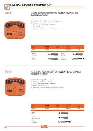 412
Набор вставок-отверток под винты Phillips,
Pozidriv и Torx®
■■ Набор бит, 17 шт: 16 бит и 1 магнитный держатель
■■ На картонной карточке
■■ Привод: 1/4” DIN 3126-C6.3, ISO 1173
■■ Отделка: Оцинкованные
■■ Материал: Высококачественная легированная сталь
731151 mm
59S/7-1 0191536 1 75x65x22 105
59S/PH
PH1, PH2
59S/PZ
PZ1, PZ2
59S/T
T15, T20
1 pce
1/4” - 50 mm
Набор вставок-отверток под винты со шлицем
Phillips и Torx®
■■ Набор бит, 7 штук: 6 бит и 1 державка
■■ На картонной карточке с подвесом
■■ Привод: 1/4” DIN 3126-C6.3, ISO 1173
■■ Отделка: Оцинкованные
■■ Материал: Высококачественная легированная сталь
731151 mm
59S/7-2 0191543 1 75x65x22 105
59S/PH
PH2
59S/T
2xT15, 2xT20, T25
1 pce
1/4” - 50 mm
59S/7-1
НАБОРЫ ВСТАВОК-ОТВЕРТОК 1/4”
59S/7-2
 