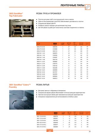 29
Резка труб и профилей
■■ Полотна для резки труб и конструкционной стали в пакетах
■■ Зубья из быстрорежущей стали М 42 обеспечивают долговечность полотна
■■ Специальная форма зуба PF
■■ Особенно хорошо подходит для распиловки под углом
■■ Шаг 5/8 зубьев на дюйм для тонкостенных заготовок поодиночке и в пакетах
731151 mm mm
3853-27-0.9-3/4 8285395 1 27 0.9 3/4 PF
3853-27-0.9-4/6 8183998 1 27 0.9 4/6 PF
3853-27-0.9-5/8 8202118 1 27 0.9 5/8 PF
3853-34-1.1-2/3 8282875 1 34 1.1 2/3 PF
3853-34-1.1-3/4 8184094 1 34 1.1 3/4 PF
3853-34-1.1-4/6 8184087 1 34 1.1 4/6 PF
3853-34-1.1-5/8 8202149 1 34 1.1 5/8 PF
3853-41-1.3-2/3 8282882 1 41 1.3 2/3 PF
3853-41-1.3-3/4 8185770 1 41 1.3 3/4 PF
3853-41-1.3-4/6 8184100 1 41 1.3 4/6 PF
3853-41-1.3-5/8 8202286 1 41 1.3 5/8 PF
3853-54-1.6-2/3 8282899 1 54 1.6 2/3 PF
3853-54-1.6-3/4 8216757 1 54 1.6 3/4 PF
3853-54-1.6-4/6 8222055 1 54 1.6 4/6 PF
3853-67-1.6-2/3 8282905 1 67 1.6 2/3 PF
3853-67-1.6-3/4 8282912 1 67 1.6 3/4 PF
Резка литья
■■ Для резки цветных и абразивных материалов
■■ Специальная форма зубьев обеспечивает отличные режущие характеристики
■■ Прочная конструкция зубьев дает максимальные режущие характеристики
■■ Специально предназначена для использования в литейных цехах
731151 mm mm
3851-13-0.6-HA-4 8282752 1 13 0.6 4 HA
3851-13-0.6-HA-6 8282561 1 13 0.6 6 HA
3851-13-0.9-HA-4 8281052 1 13 0.9 4 HA
3851-20-0.9-HA-3 8282646 1 20 0.9 3 HA
3851-27-0.9-HA-2 8282677 1 27 0.9 2 HA
3851-27-0.9-HA-3 8282684 1 27 0.9 3 HA
ЛЕНТОЧНЫЕ ПИЛЫ
3853 Sandflex®
Top Fabricator
3851 Sandflex®
Cobra™
Foundry
 