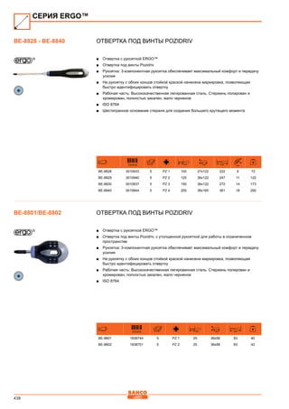 438
Отвертка под винты Pozidriv
■■ Отвертка с рукояткой ERGO™
■■ Отвертка под винты Pozidriv
■■ Рукоятка: 3-компонентная рукоятка обеспечивает максимальный комфорт и передачу
усилия
■■ На рукоятку с обоих концов стойкой краской нанесена маркировка, позволяющая
быстро идентифицировать отвертку
■■ Рабочая часть: Высококачественная легированная сталь. Стержень полирован и
хромирован, полностью закален, жало черненое
■■ ISO 8764
■■ Шестигранное основание стержня для создания большего крутящего момента
731415 mm mm mm mm
BE-8828 3010933 5 PZ 1 100 27x122 222 9 72
BE-8829 3010940 5 PZ 2 125 36x122 247 11 122
BE-8830 0010837 5 PZ 3 150 36x122 272 14 173
BE-8840 0010844 5 PZ 4 200 36x165 361 18 292
Отвертка под винты Pozidriv
■■ Отвертка с рукояткой ERGO™
■■ Отвертка под винты Pozidriv, с утолщенной рукояткой для работы в ограниченном
пространстве
■■ Рукоятка: 3-компонентная рукоятка обеспечивает максимальный комфорт и передачу
усилия
■■ На рукоятку с обоих концов стойкой краской нанесена маркировка, позволяющая
быстро идентифицировать отвертку
■■ Рабочая часть: Высококачественная легированная сталь. Стержень полирован и
хромирован, полностью закален, жало черненое
■■ ISO 8764
731415 mm mm mm
BE-8801 1838744 5 PZ 1 25 36x58 83 40
BE-8802 1838751 5 PZ 2 25 36x58 83 43
СЕРИЯ ERGO™
BE-8828 - BE-8840
BE-8801/BE-8802
 