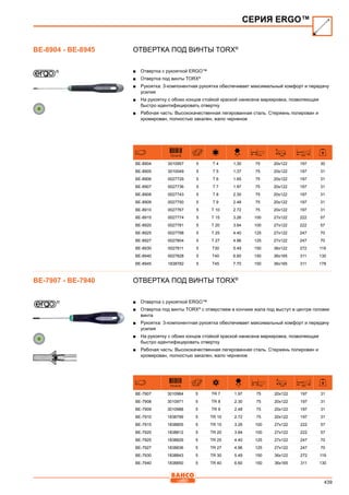 439
Отвертка под винты Torx®
■■ Отвертка с рукояткой ERGO™
■■ Отвертка под винты TORX®
■■ Рукоятка: 3-компонентная рукоятка обеспечивает максимальный комфорт и передачу
усилия
■■ На рукоятку с обоих концов стойкой краской нанесена маркировка, позволяющая
быстро идентифицировать отвертку
■■ Рабочая часть: Высококачественная легированная сталь. Стержень полирован и
хромирован, полностью закален, жало черненое
731415 D mm mm mm
BE-8904 3010957 5 T 4 1,30 75 20x122 197 30
BE-8905 3010049 5 T 5 1,37 75 20x122 197 31
BE-8906 0027729 5 T 6 1.65 75 20x122 197 31
BE-8907 0027736 5 T 7 1.97 75 20x122 197 31
BE-8908 0027743 5 T 8 2.30 75 20x122 197 31
BE-8909 0027750 5 T 9 2.48 75 20x122 197 31
BE-8910 0027767 5 T 10 2.72 75 20x122 197 31
BE-8915 0027774 5 T 15 3.26 100 27x122 222 57
BE-8920 0027781 5 T 20 3.84 100 27x122 222 57
BE-8925 0027798 5 T 25 4.40 125 27x122 247 70
BE-8927 0027804 5 T 27 4.96 125 27x122 247 70
BE-8930 0027811 5 T30 5.49 150 36x122 272 119
BE-8940 0027828 5 T40 6.60 150 36x165 311 130
BE-8945 1838782 5 T45 7.70 150 36x165 311 178
Отвертка под винты Torx®
■■ Отвертка с рукояткой ERGO™
■■ Отвертка под винты TORX®
с отверстием в кончике жала под выступ в центре головки
винта
■■ Рукоятка: 3-компонентная рукоятка обеспечивает максимальный комфорт и передачу
усилия
■■ На рукоятку с обоих концов стойкой краской нанесена маркировка, позволяющая
быстро идентифицировать отвертку
■■ Рабочая часть: Высококачественная легированная сталь. Стержень полирован и
хромирован, полностью закален, жало черненое
731415 D mm mm mm
BE-7907 3010964 5 TR 7 1.97 75 20x122 197 31
BE-7908 3010971 5 TR 8 2.30 75 20x122 197 31
BE-7909 3010988 5 TR 9 2.48 75 20x122 197 31
BE-7910 1838799 5 TR 10 2.72 75 20x122 197 31
BE-7915 1838805 5 TR 15 3.26 100 27x122 222 57
BE-7920 1838812 5 TR 20 3.84 100 27x122 222 57
BE-7925 1838829 5 TR 25 4.40 125 27x122 247 70
BE-7927 1838836 5 TR 27 4.96 125 27x122 247 70
BE-7930 1838843 5 TR 30 5.49 150 36x122 272 119
BE-7940 1838850 5 TR 40 6.60 150 36x165 311 130
СЕРИЯ ERGO™
BE-8904 - BE-8945
BE-7907 - BE-7940
 