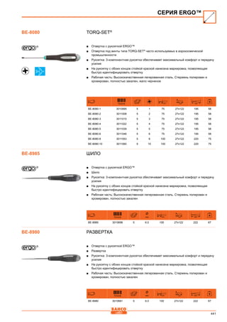 441
TORQ-SET®
■■ Отвертка с рукояткой ERGO™
■■ Отвертка под винты типа TORQ-SET®
часто используемых в аэрокосмической
промышленности
■■ Рукоятка: 3-компонентная рукоятка обеспечивает максимальный комфорт и передачу
усилия
■■ На рукоятку с обоих концов стойкой краской нанесена маркировка, позволяющая
быстро идентифицировать отвертку
■■ Рабочая часть: Высококачественная легированная сталь. Стержень полирован и
хромирован, полностью закален, жало черненое
731415 mm mm mm
BE-8080-1 3010995 5 1 75 27x122 195 58
BE-8080-2 3011008 5 2 75 27x122 195 58
BE-8080-3 3011015 5 3 75 27x122 195 58
BE-8080-4 3011022 5 4 75 27x122 195 58
BE-8080-5 3011039 5 5 75 27x122 195 58
BE-8080-6 3011046 5 6 75 27x122 195 58
BE-8080-8 3011053 5 8 100 27x122 220 75
BE-8080-10 3011060 5 10 100 27x122 220 75
Шило
■■ Отвертка с рукояткой ERGO™
■■ Шило
■■ Рукоятка: 3-компонентная рукоятка обеспечивает максимальный комфорт и передачу
усилия
■■ На рукоятку с обоих концов стойкой краской нанесена маркировка, позволяющая
быстро идентифицировать отвертку
■■ Рабочая часть: Высококачественная легированная сталь. Стержень полирован и
хромирован, полностью закален
731415
Ø
mm mm mm mm
BE-8985 3010698 5 6.0 100 27x122 222 67
Развертка
■■ Отвертка с рукояткой ERGO™
■■ Развертка
■■ Рукоятка: 3-компонентная рукоятка обеспечивает максимальный комфорт и передачу
усилия
■■ На рукоятку с обоих концов стойкой краской нанесена маркировка, позволяющая
быстро идентифицировать отвертку
■■ Рабочая часть: Высококачественная легированная сталь. Стержень полирован и
хромирован, полностью закален
731415
Ø
mm mm mm mm
BE-8980 3010681 5 6.0 100 27x122 222 67
СЕРИЯ ERGO™
BE-8080
BE-8985
BE-8980
 